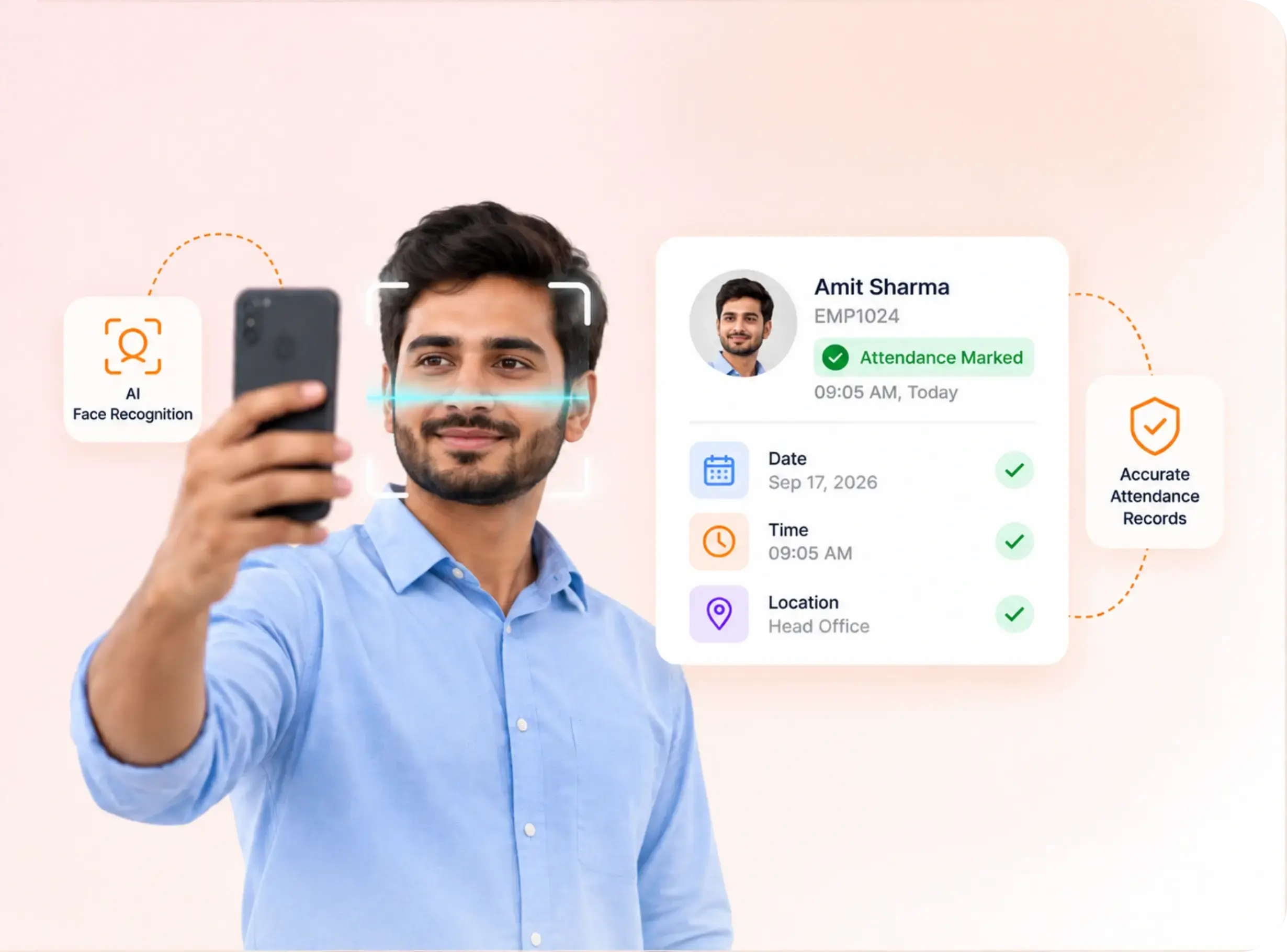 TrackOlap AI face recognition attendance verifying employee identity with GPS-stamped check-in