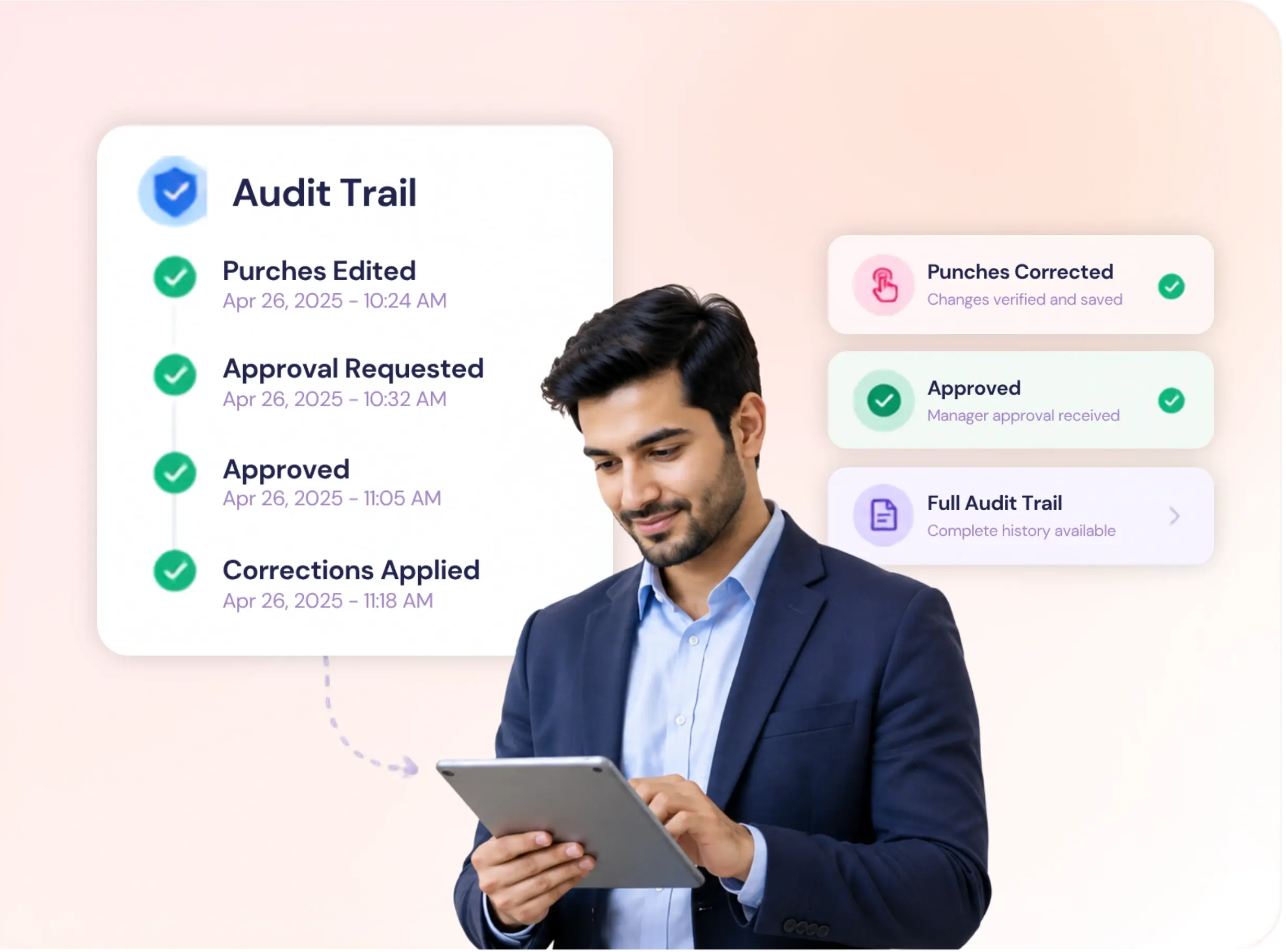 TrackOlap attendance regularisation workflow showing correction approval and the complete audit trail