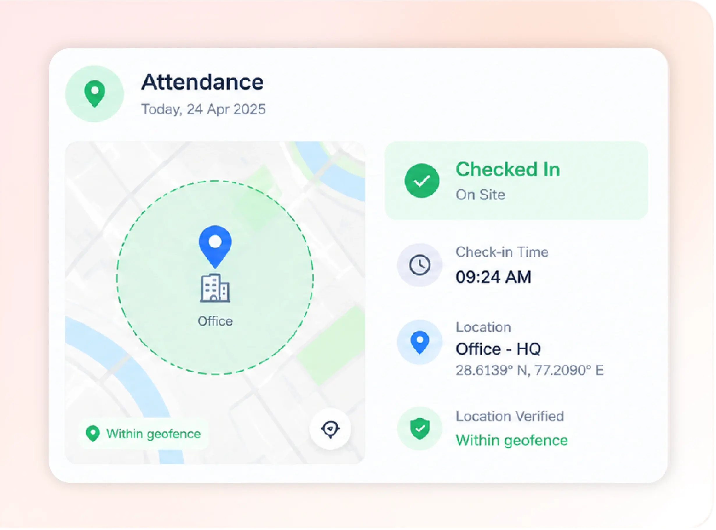 TrackOlap geo-verified attendance showing an on-site check-in within the approved office geofence