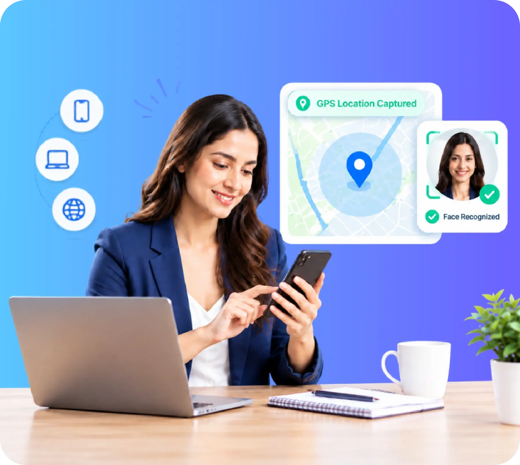 Employee marking attendance from a mobile device with GPS location capture and identity verification