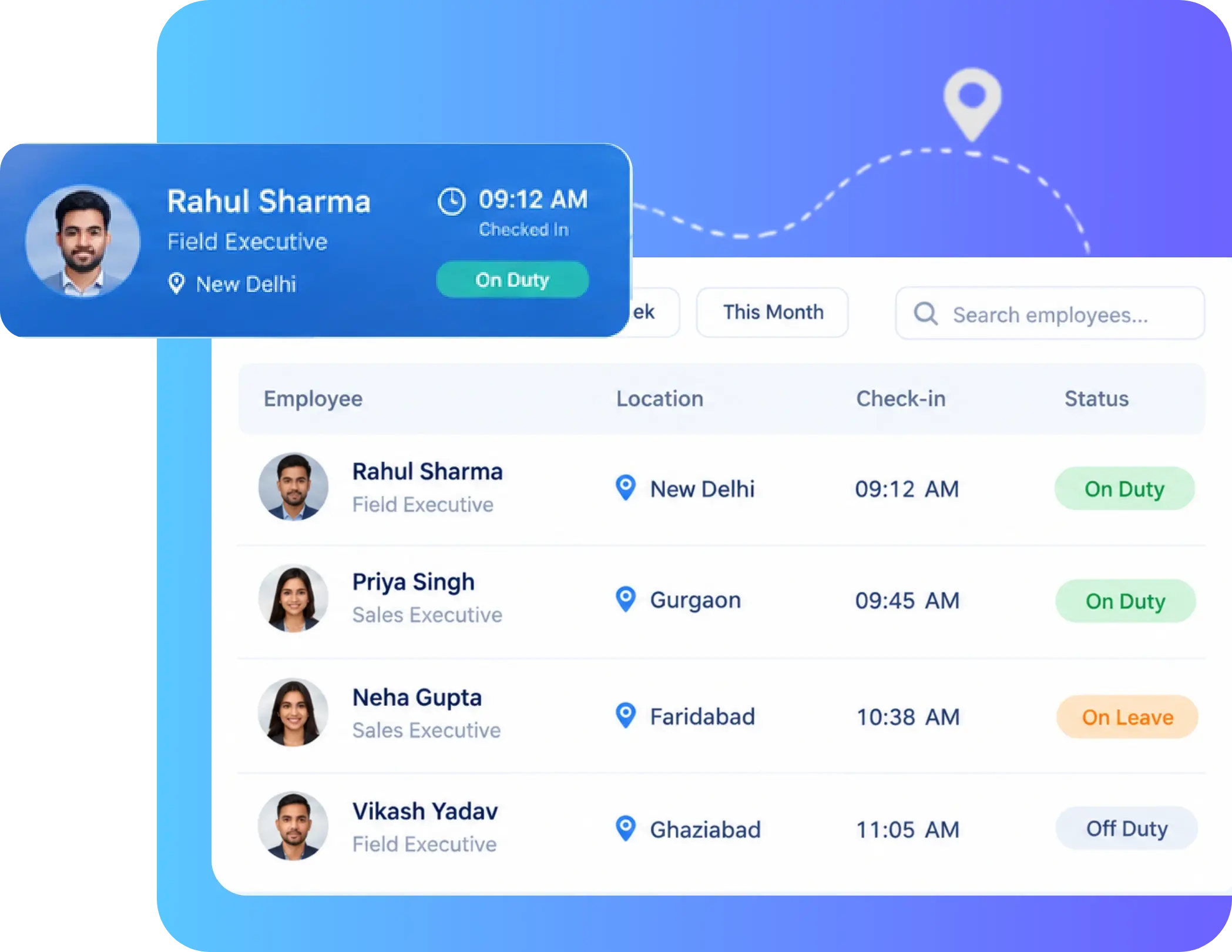 TrackOlap real-time employee attendance table showing locations, check-in times and duty status