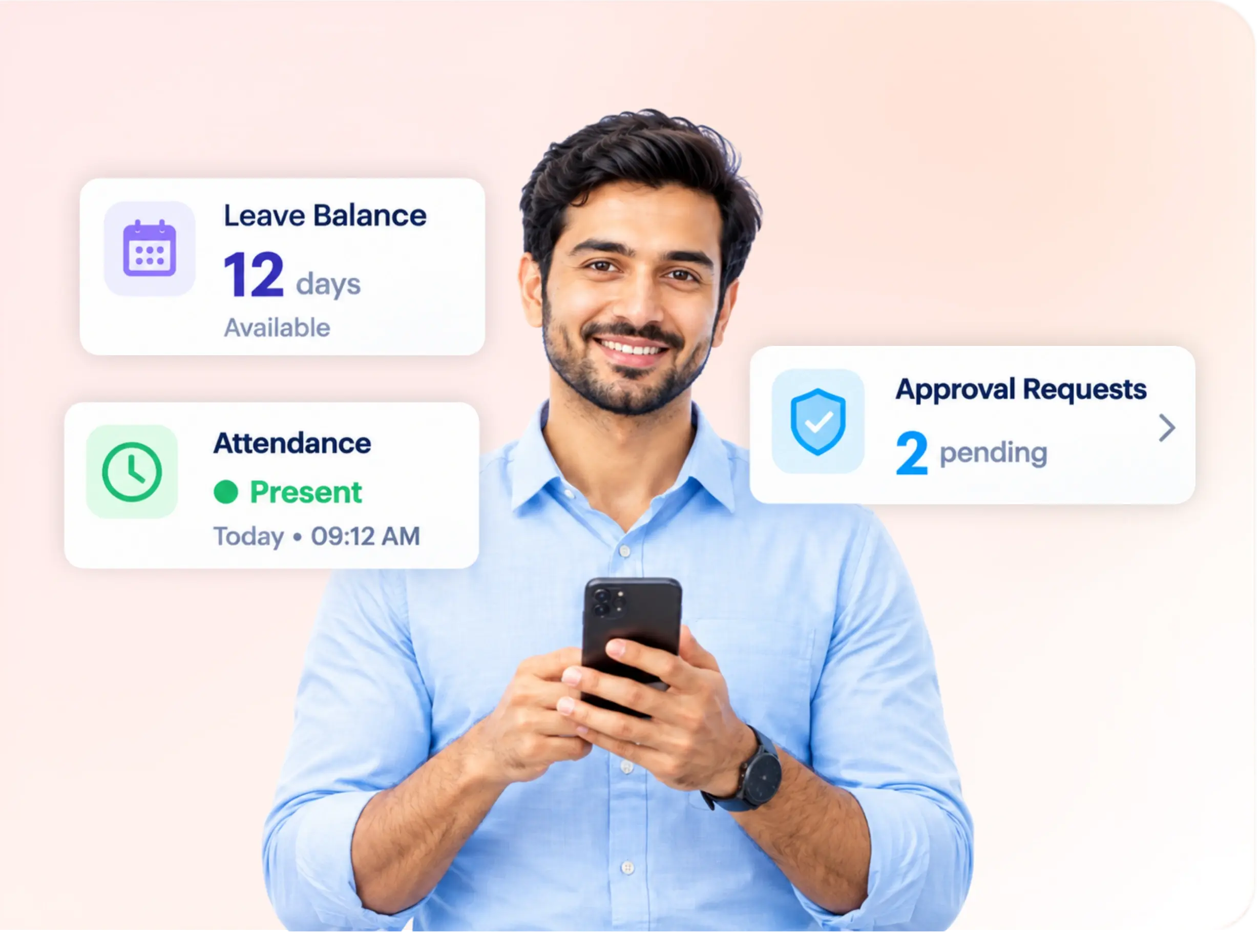 TrackOlap mobile employee self-service showing leave balance, attendance status and approval requests