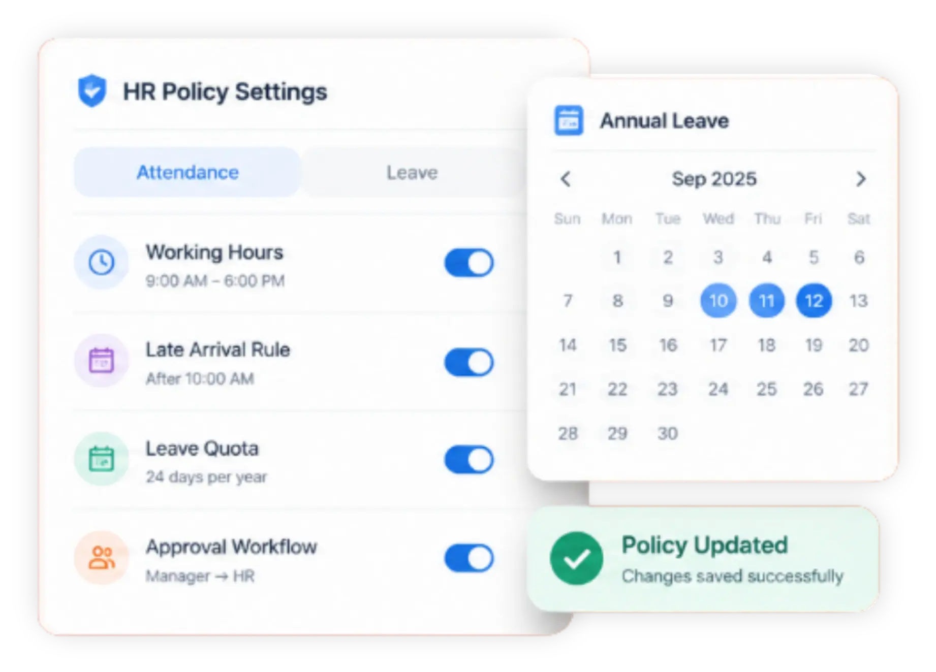 TrackOlap attendance and leave policy settings with working hours, leave quotas and approval workflows