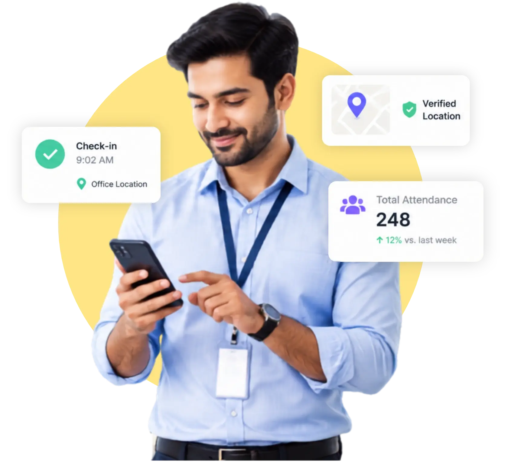 Field employee marking attendance on a mobile device with a verified location