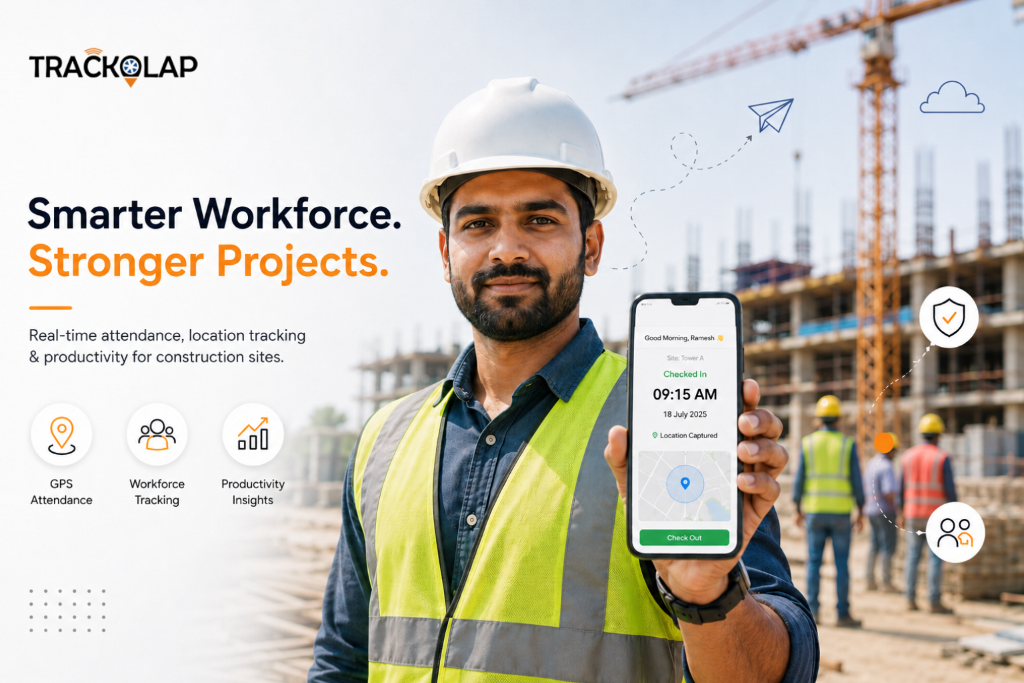 Construction worker using TrackOlap GPS attendance and workforce tracking on a smartphone