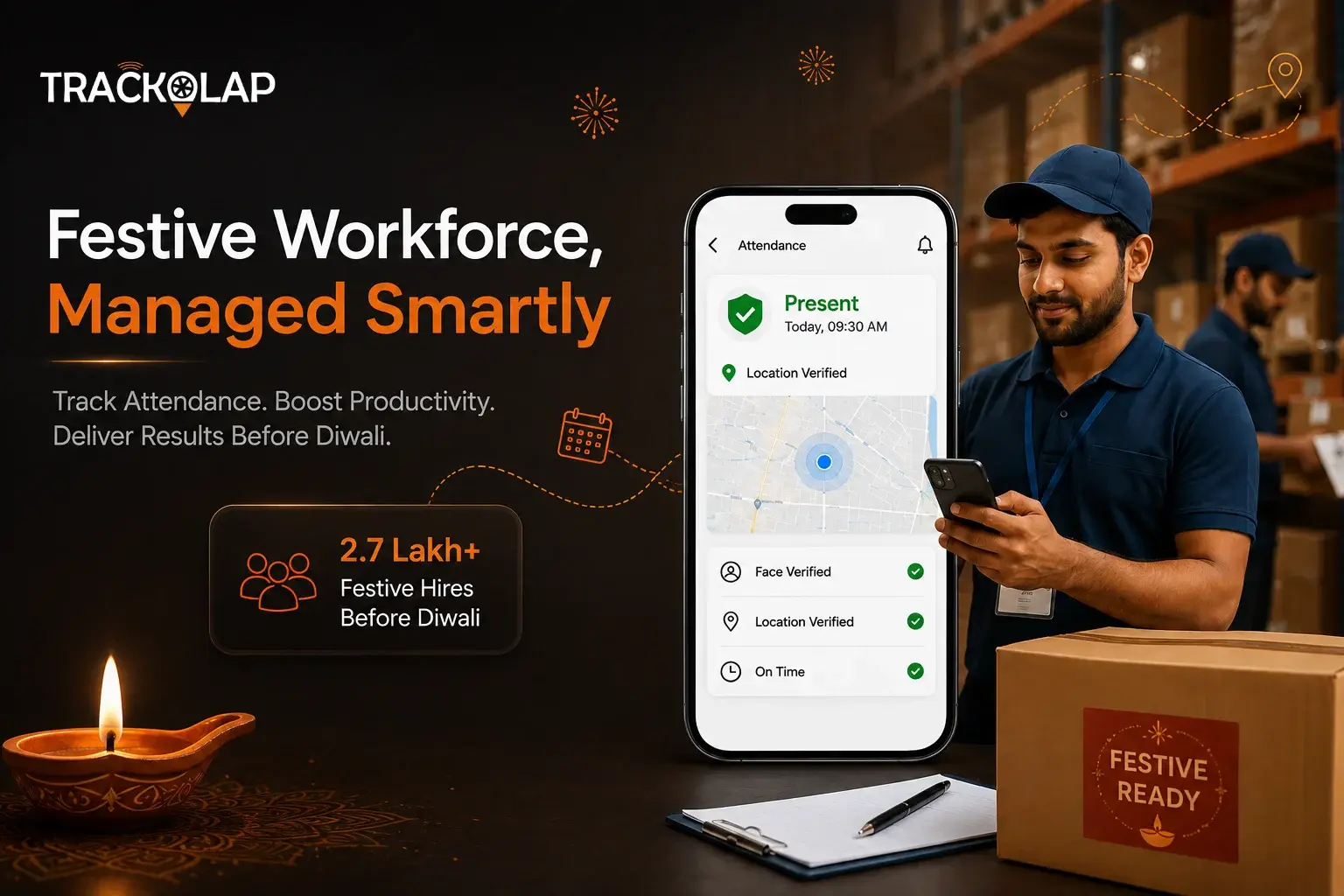 Festive warehouse employee using TrackOlap face-verified and location-verified attendance before Diwali