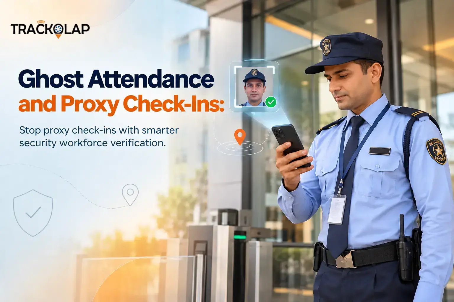 Ghost attendance and proxy check-ins: a security guard verifying attendance with a face-verified, geofenced check-in on the TrackOlap app