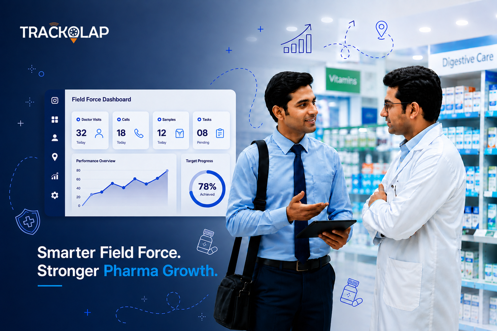 Medical representative discussing products with a doctor beside a pharma field force automation dashboard