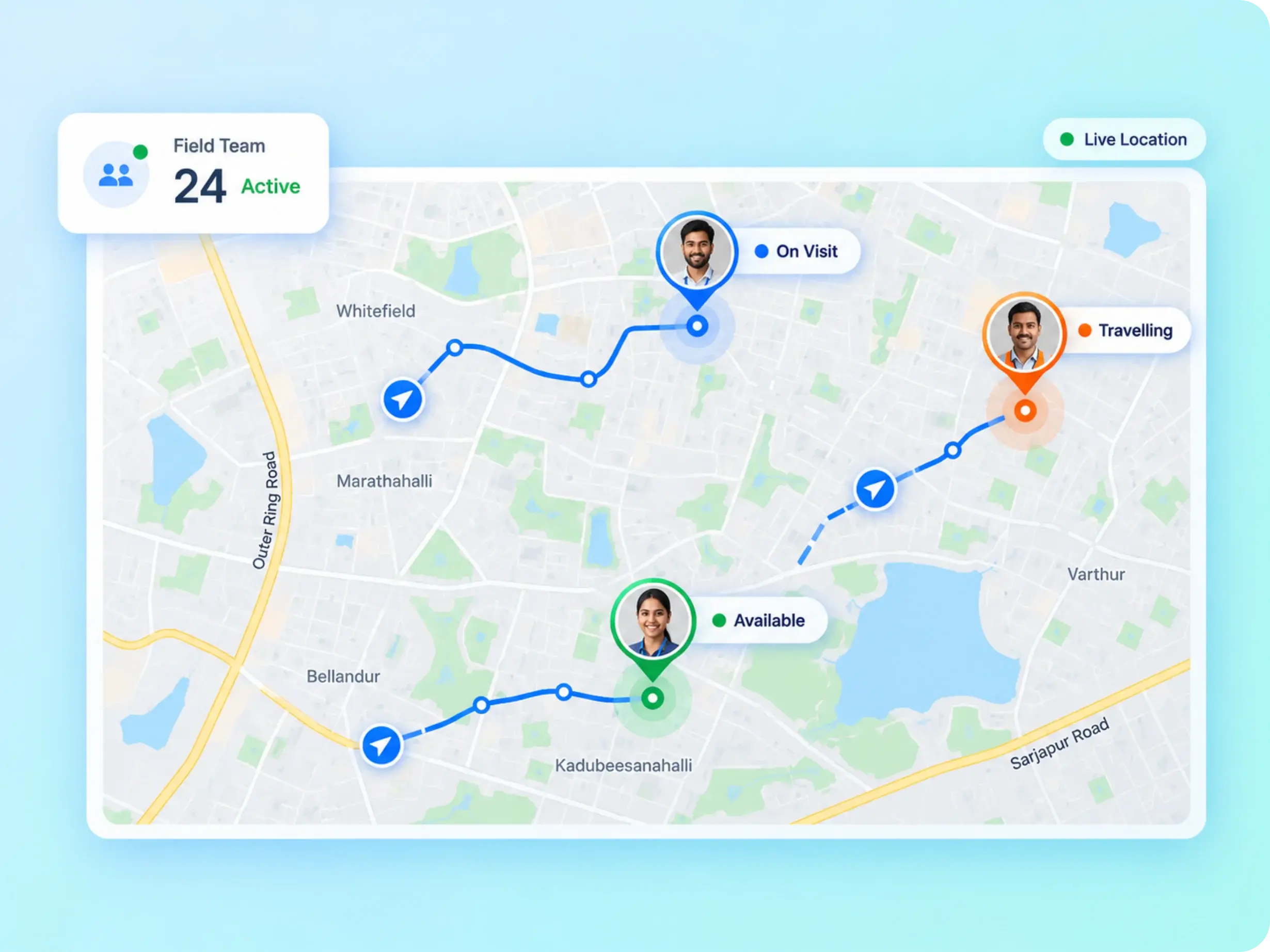 Live map of the field team showing employees on visit, travelling and available