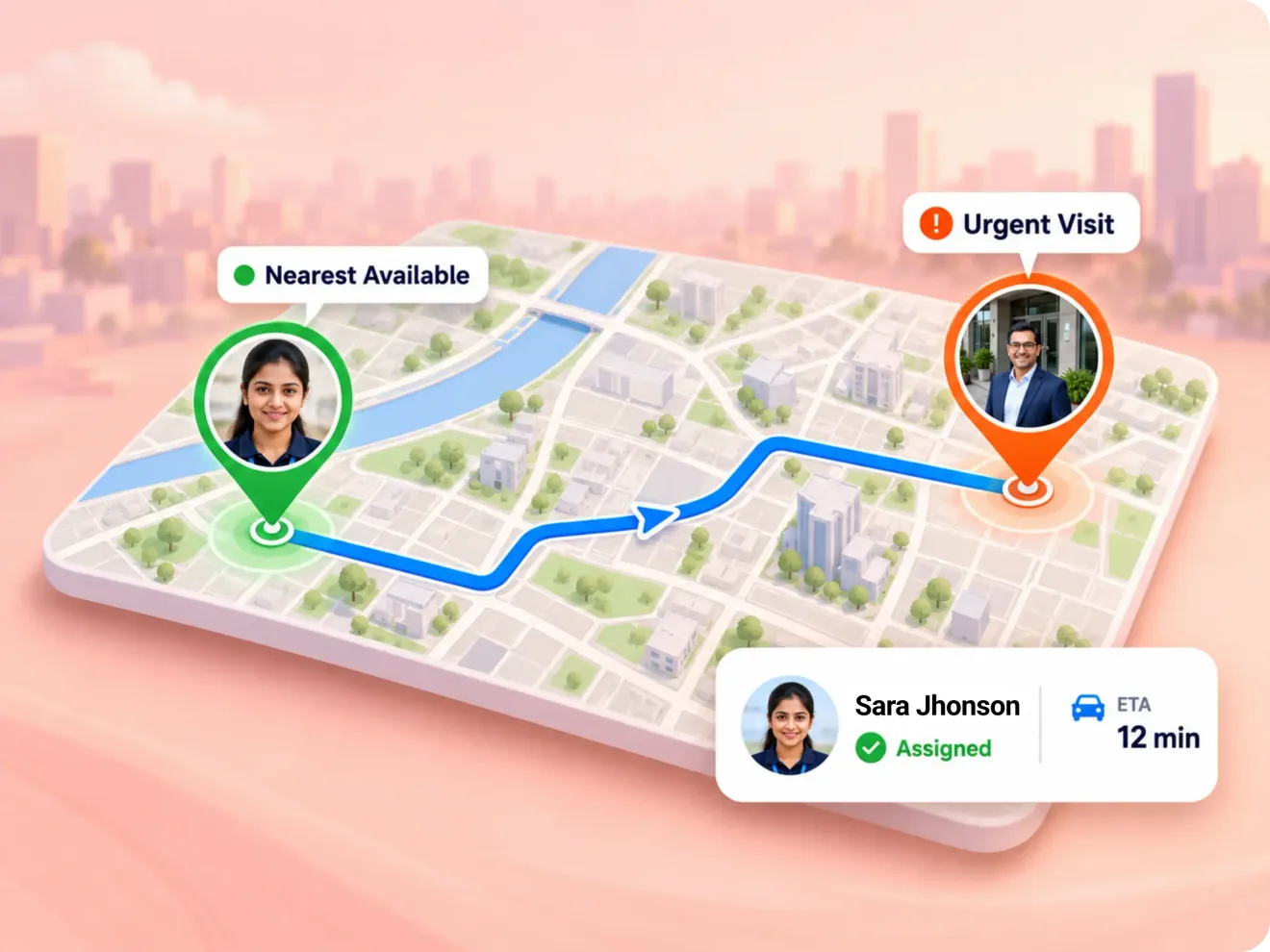Nearest available employee assigned to an urgent customer visit with ETA