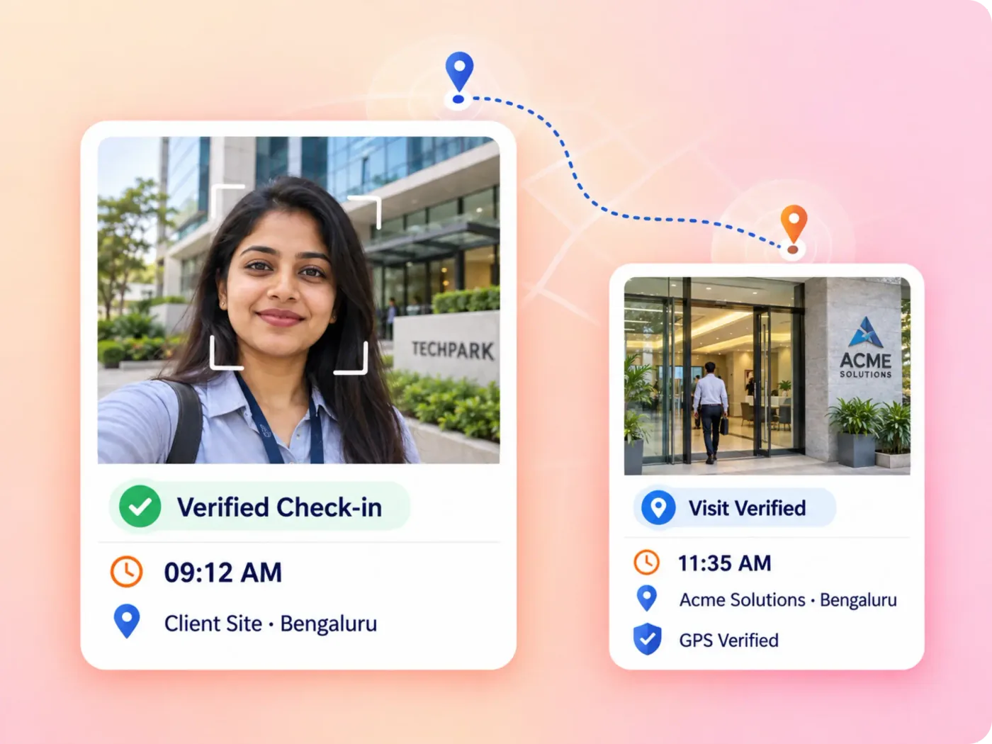 Verified selfie check-in and GPS-verified client visit with time and location