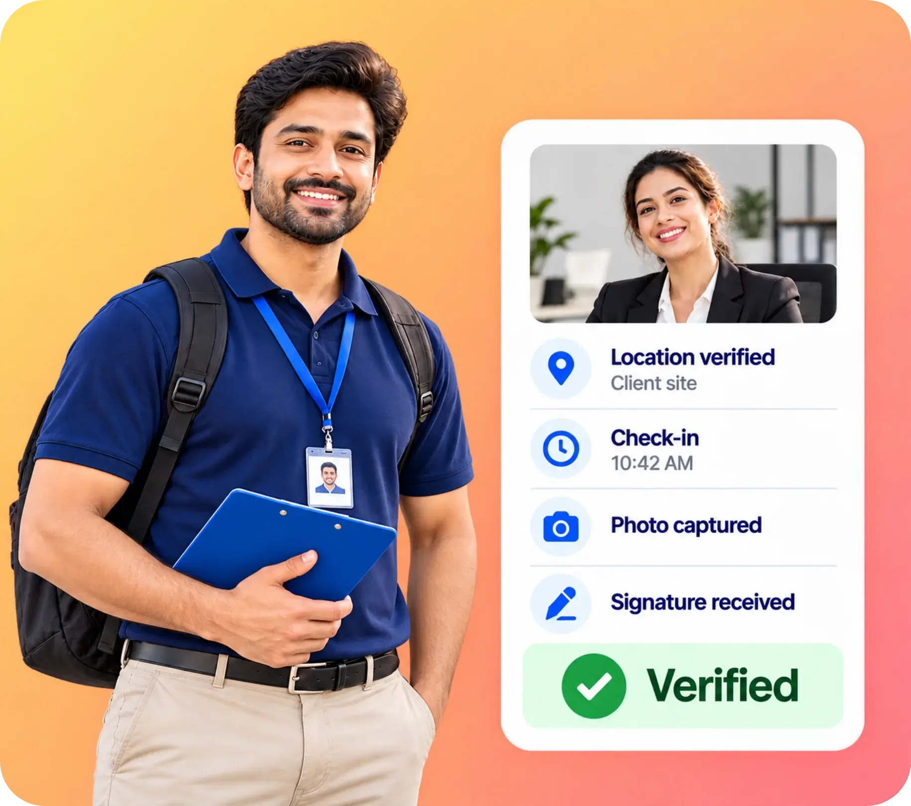 TrackOlap geo-tagged, time-stamped client visit check-in with photo and signature proof