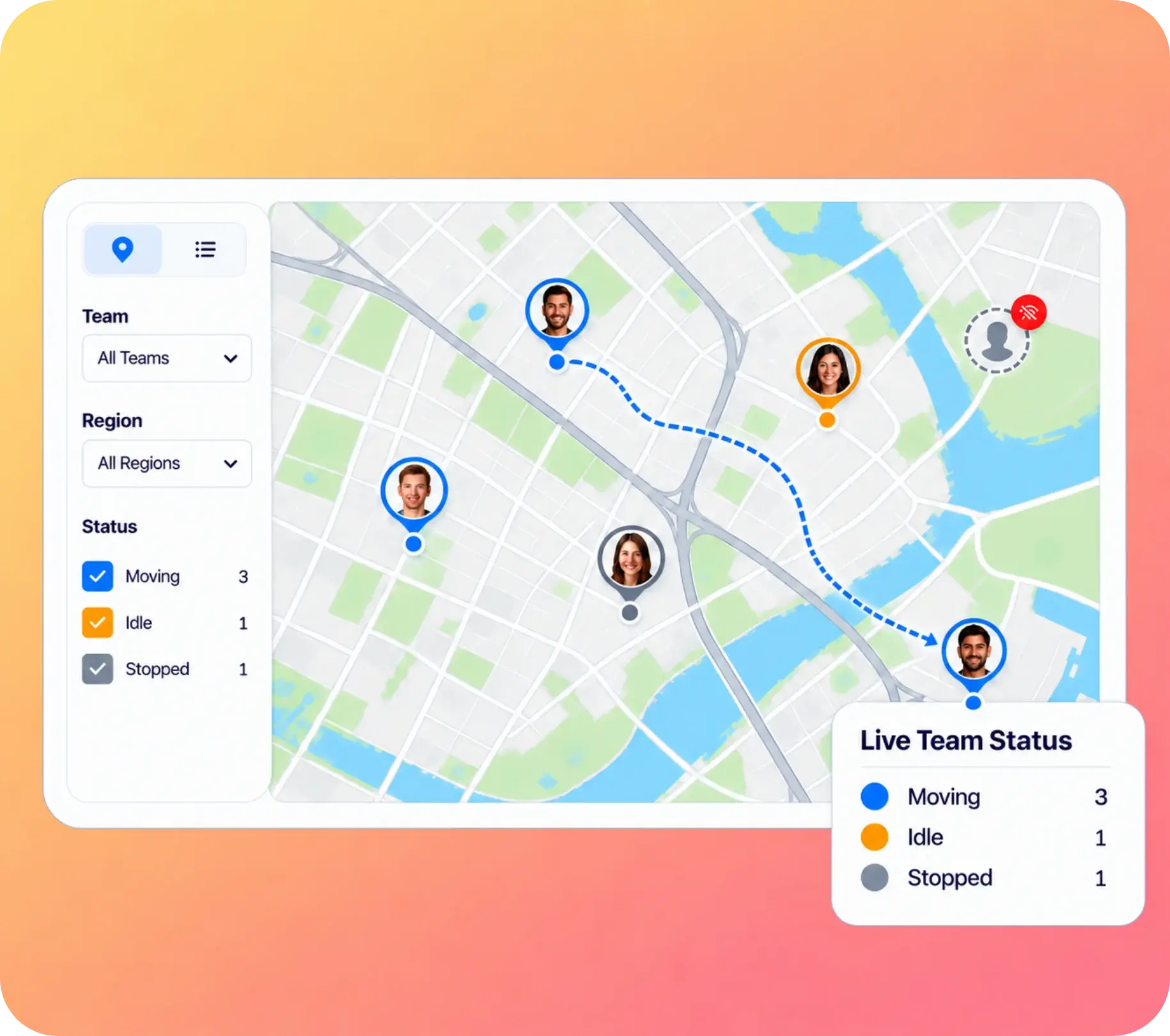 TrackOlap real-time employee GPS tracking map with moving, idle and stopped status