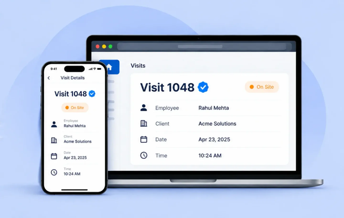 The same verified visit record shown in the TrackOlap mobile app and on the web dashboard