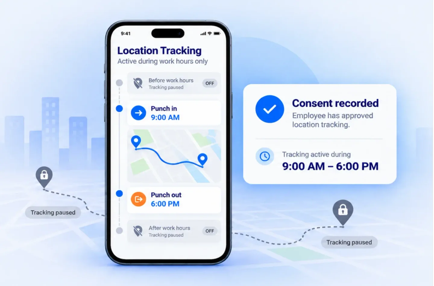 Location tracking active only between punch-in and punch-out with consent recorded
