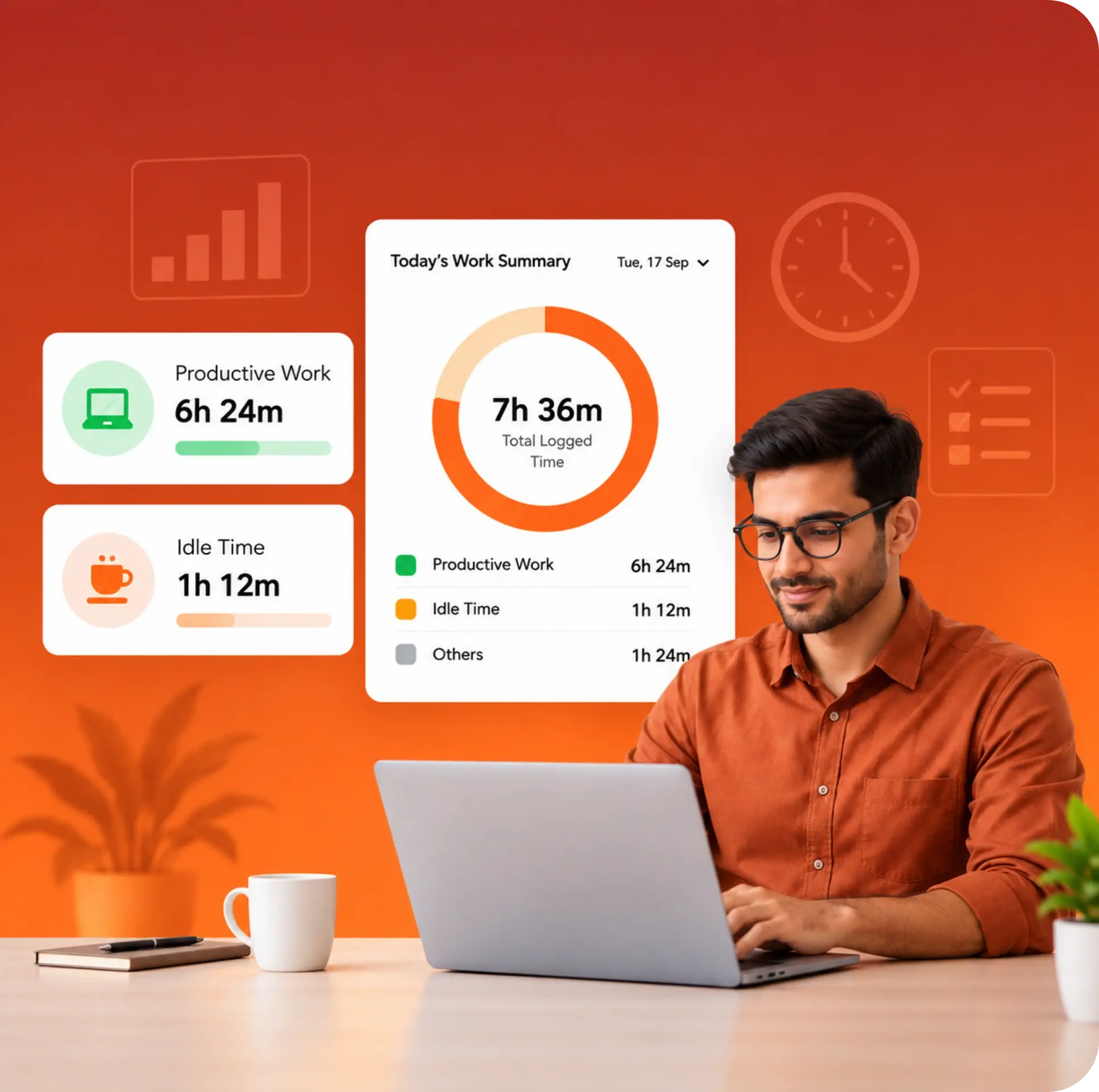 TrackOlap daily work summary separating productive work from idle time