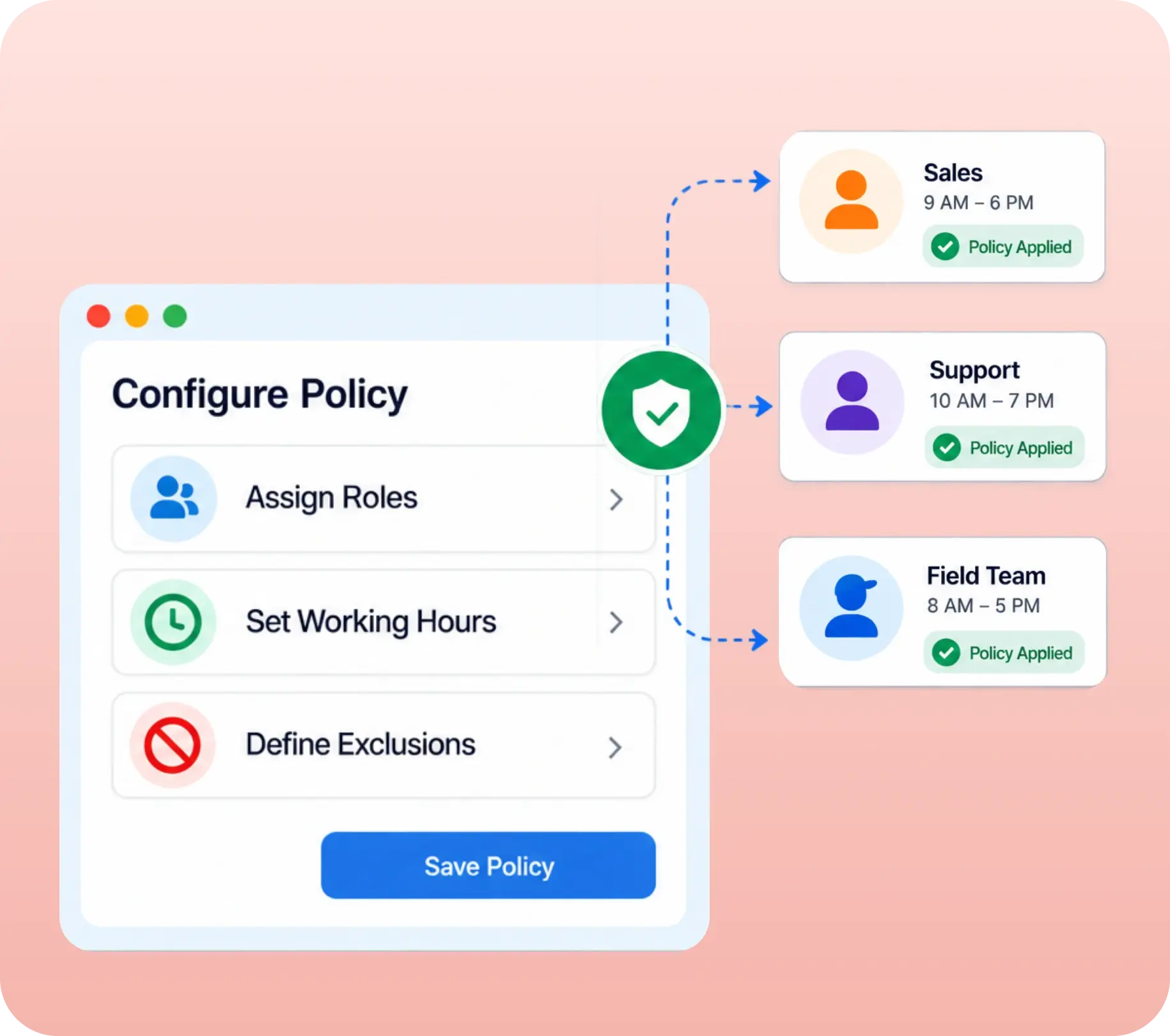 TrackOlap role-based employee monitoring policy with working hours and privacy exclusions