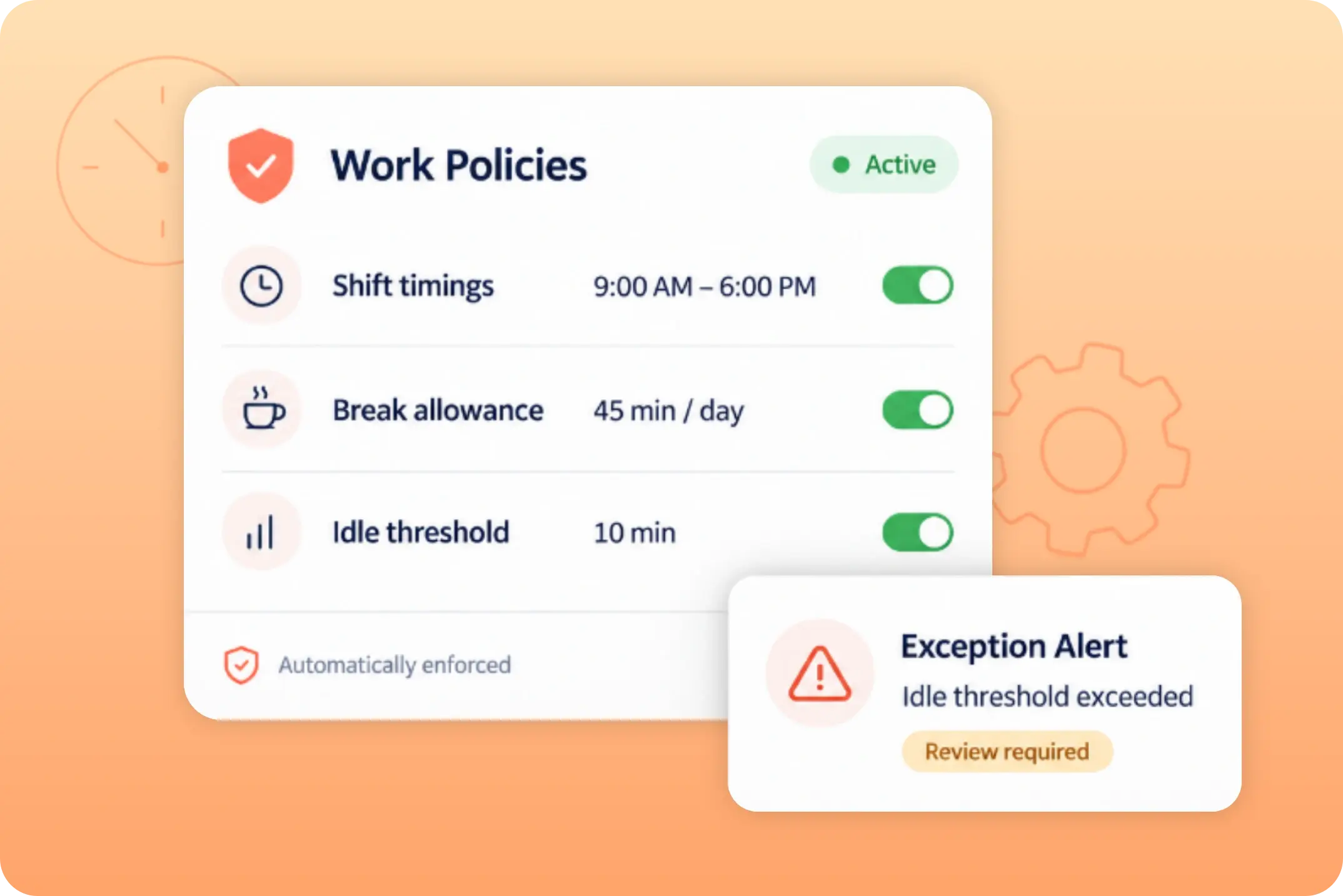 TrackOlap employee time tracking rules for shifts, breaks and idle thresholds