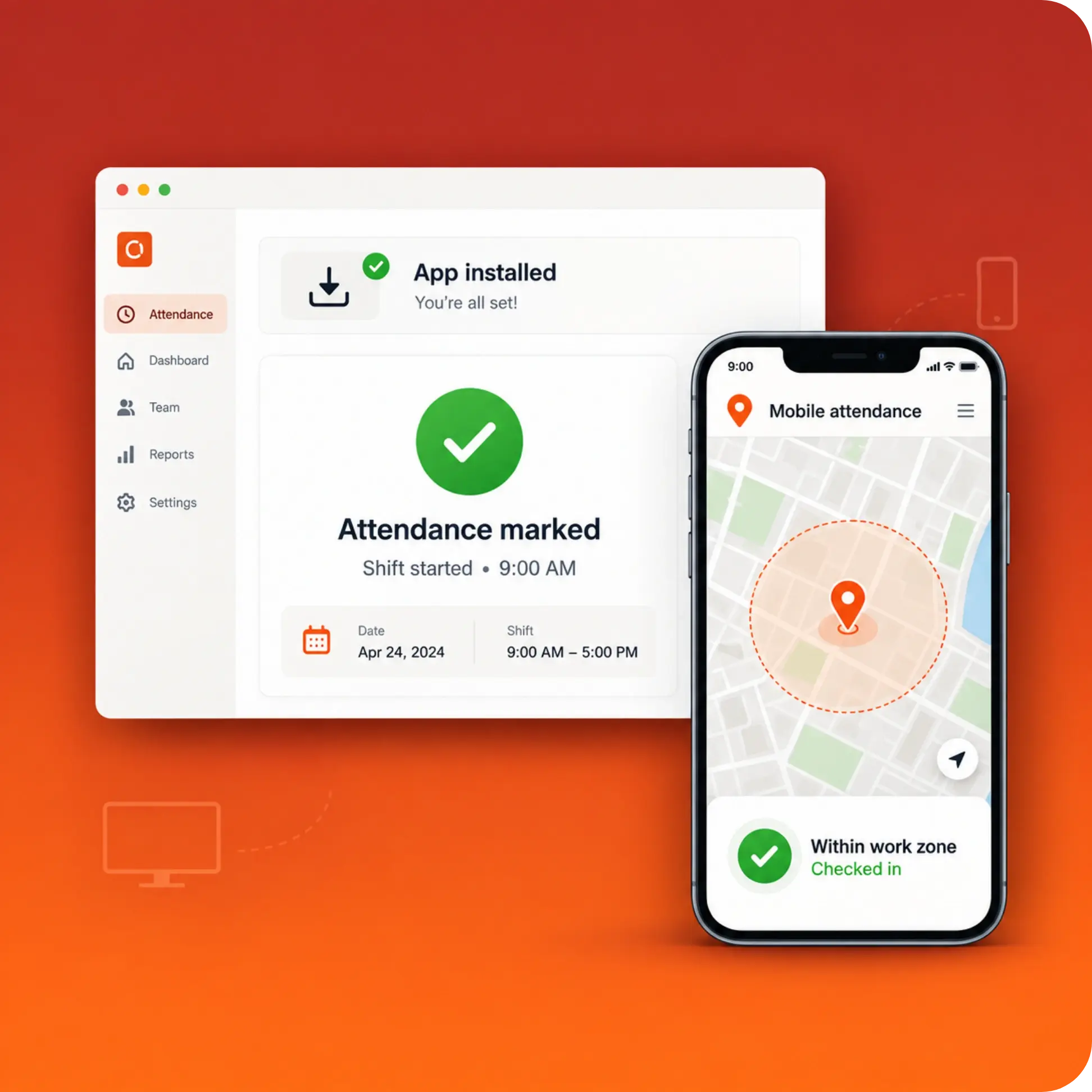 TrackOlap desktop and mobile attendance setup for employee time tracking