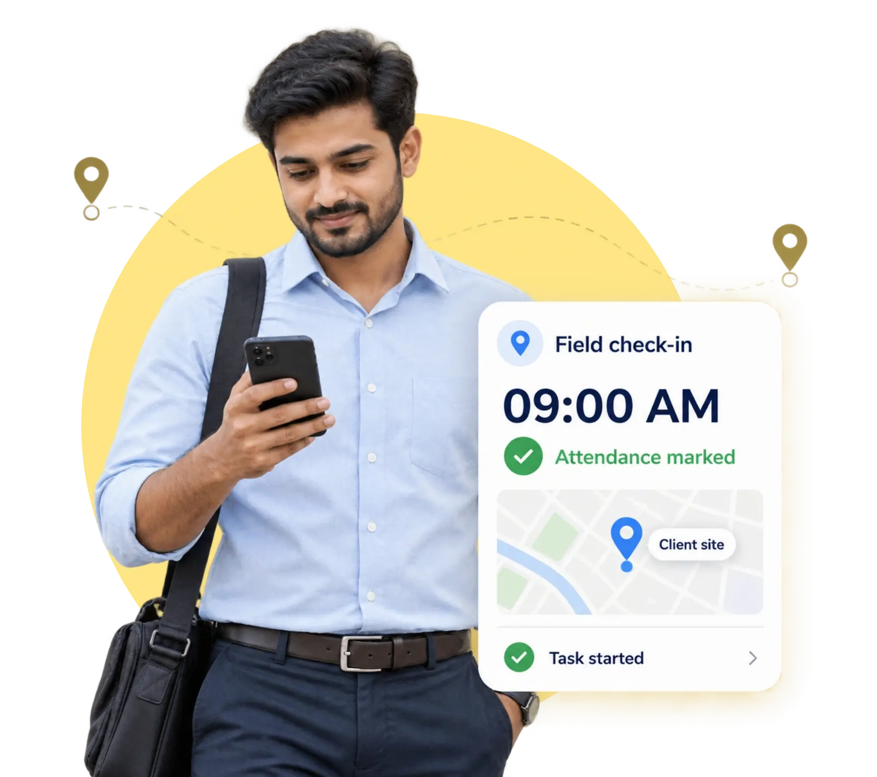 TrackOlap mobile employee time tracking app with location-tagged attendance