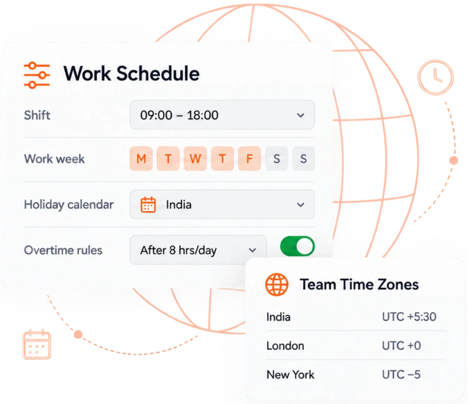 TrackOlap configurable shifts, work weeks, time zones, and productivity rules