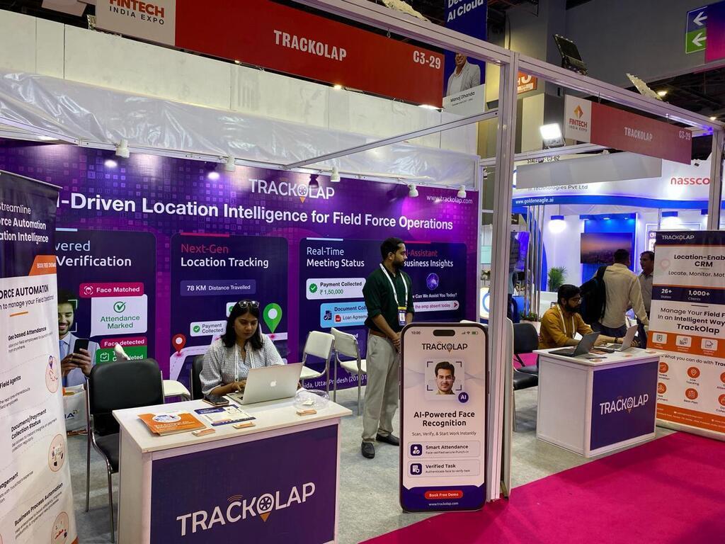 TrackOlap booth showcasing AI field force solutions at Fintech India Expo 2026