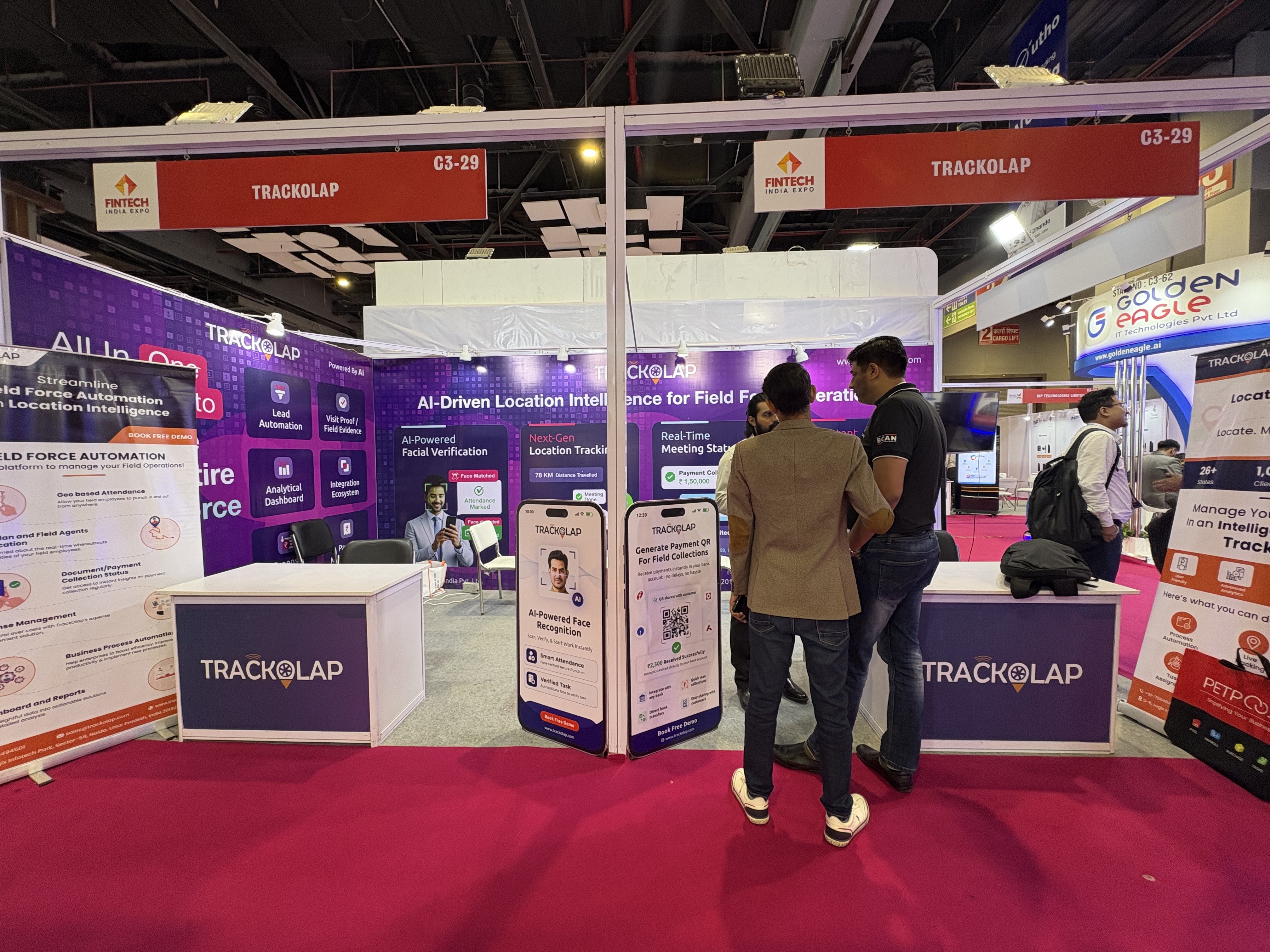 Visitors exploring TrackOlap sales automation and loan collection solutions at Fintech India Expo 2026