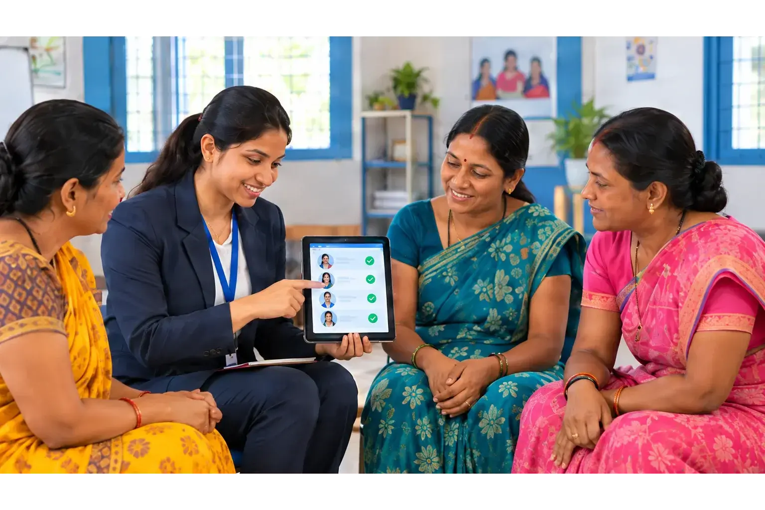 Field representative showing member records at a centre meeting