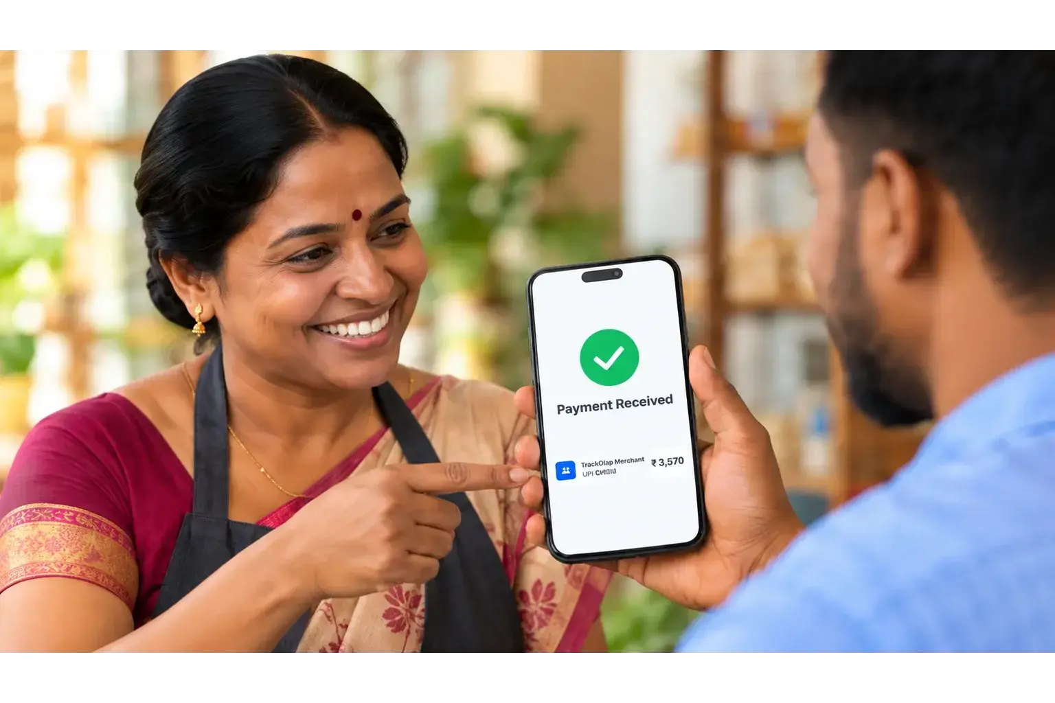 Customer confirming a digital payment received on a phone