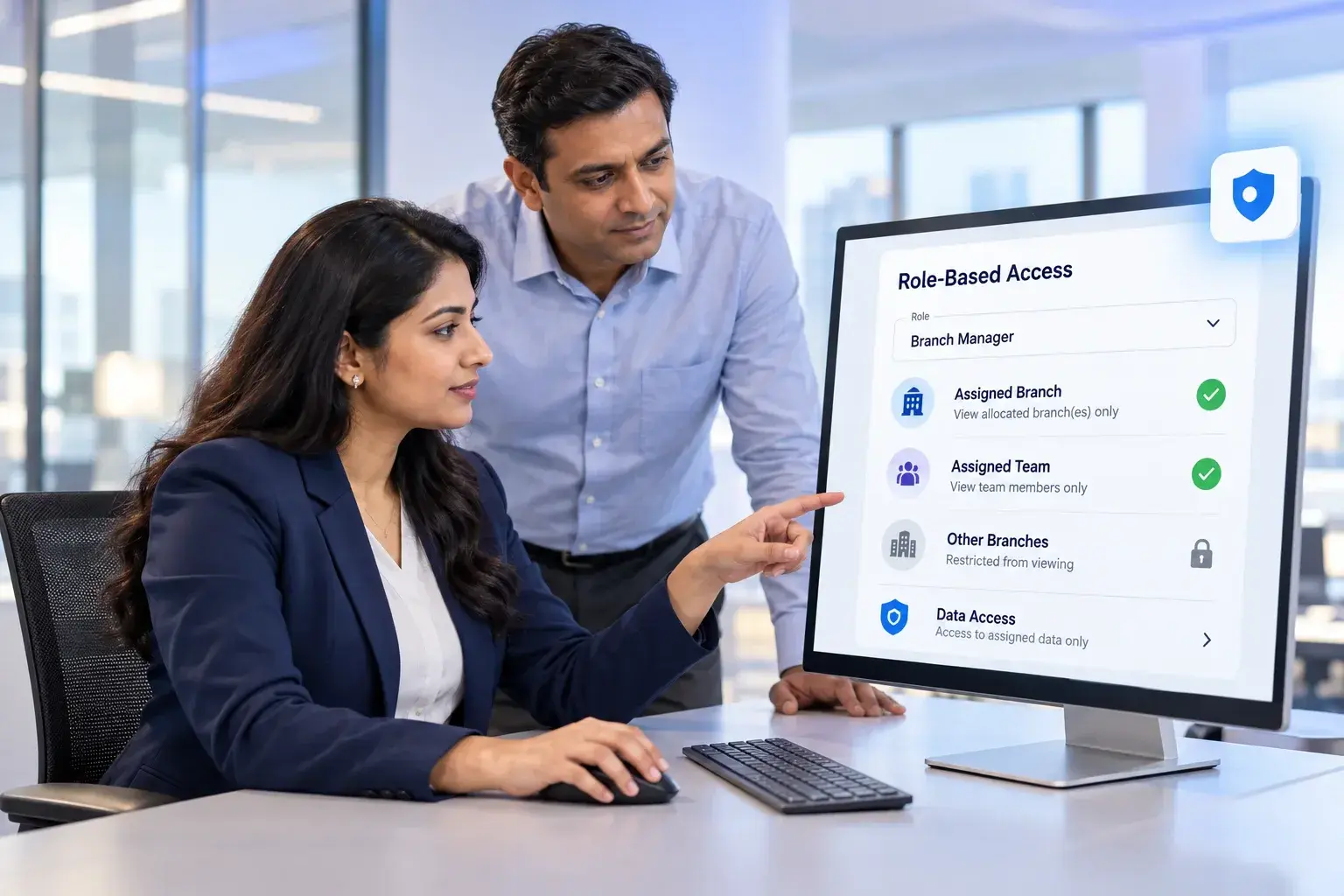 Branch manager reviewing role-based access to assigned branches, teams and data