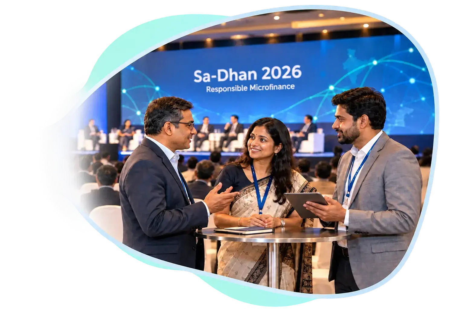 Attendees discussing microfinance in front of the Sa-Dhan 2026 conference panel