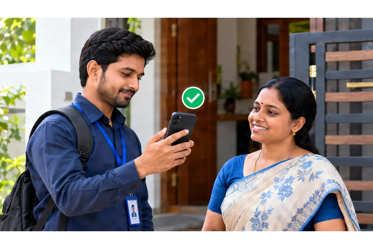 Field representative verifying a visit with a customer using a phone