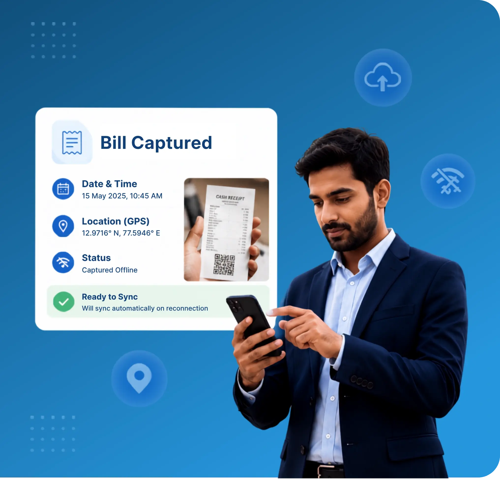 TrackOlap offline mobile bill capture with automatic date, time and GPS stamps