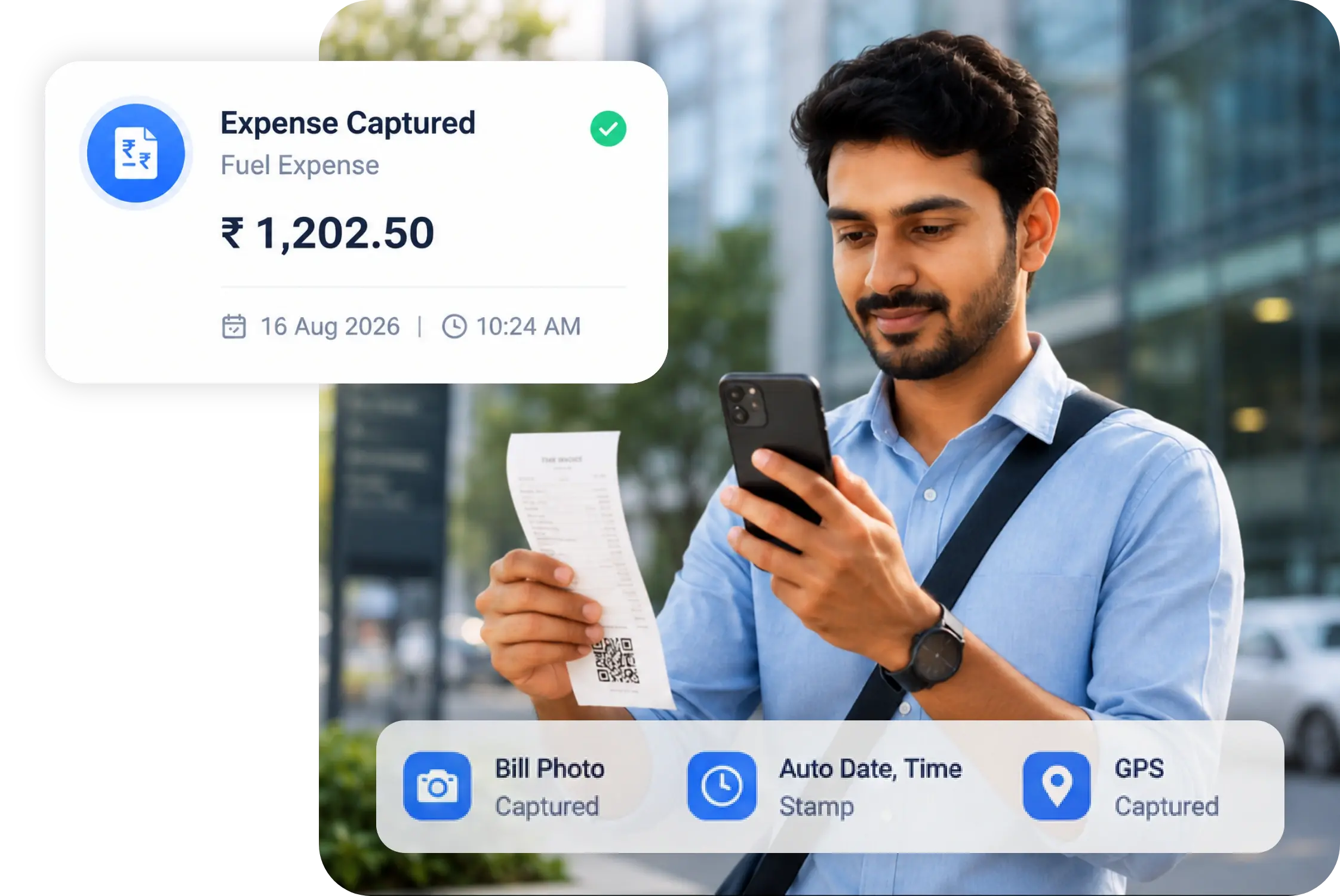 TrackOlap mobile expense app capturing a bill and odometer reading at the source