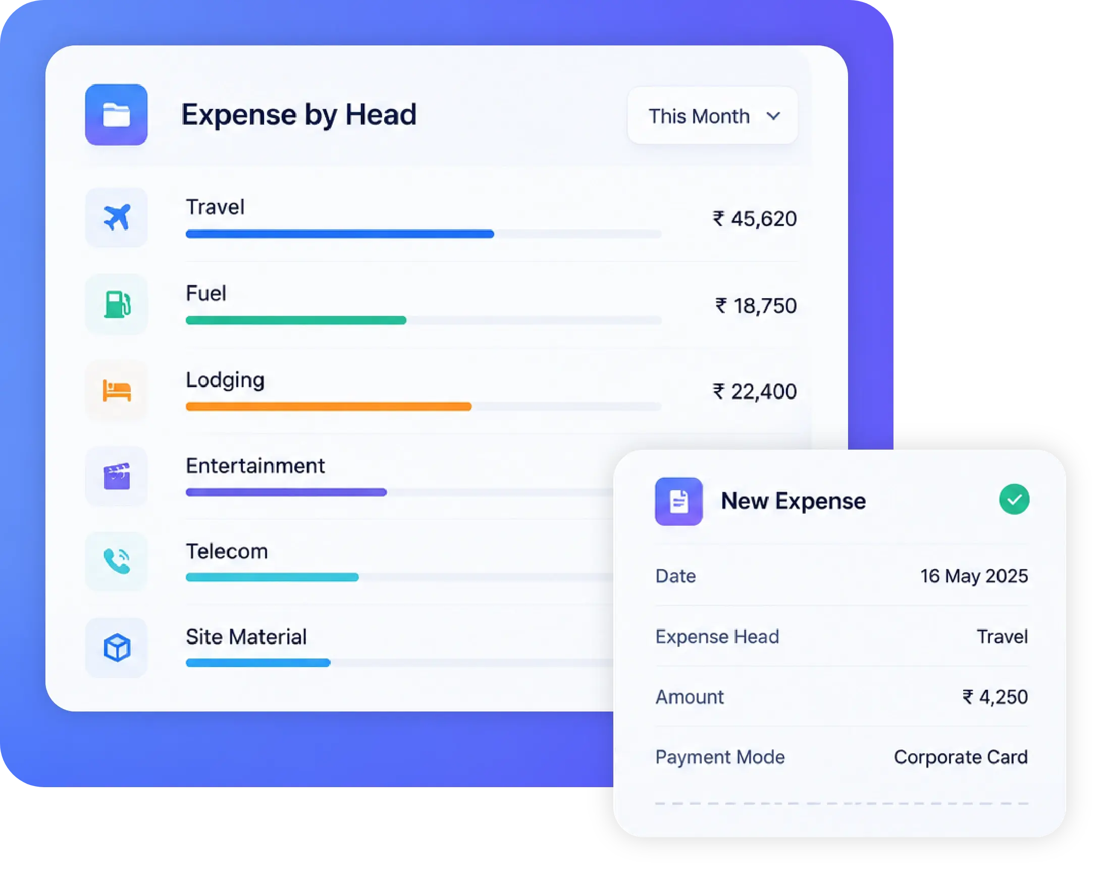 TrackOlap configurable employee expense form with categories, project tags and structured claim fields