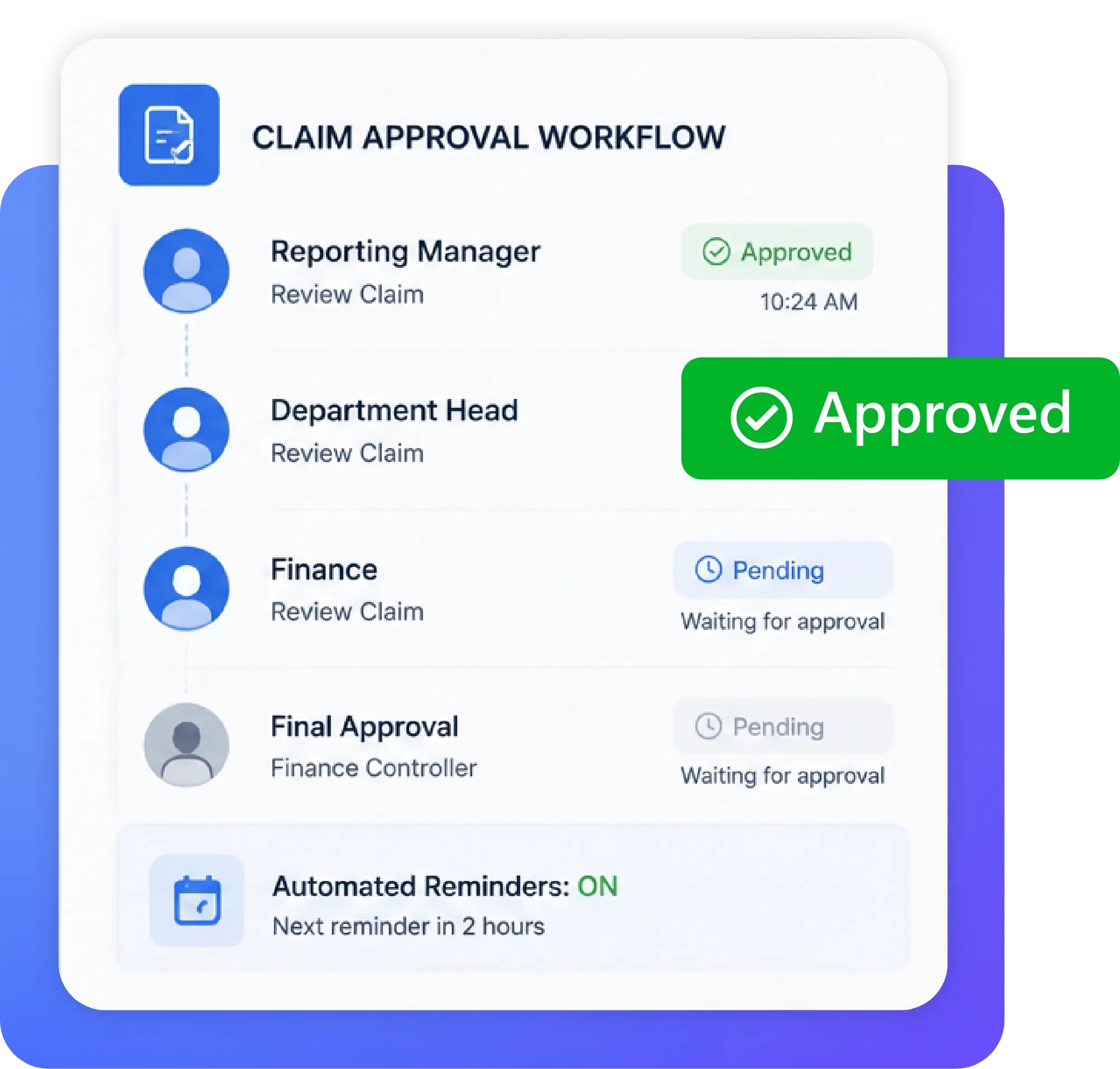 TrackOlap multi-level employee expense approval workflow with reminders and live status tracking