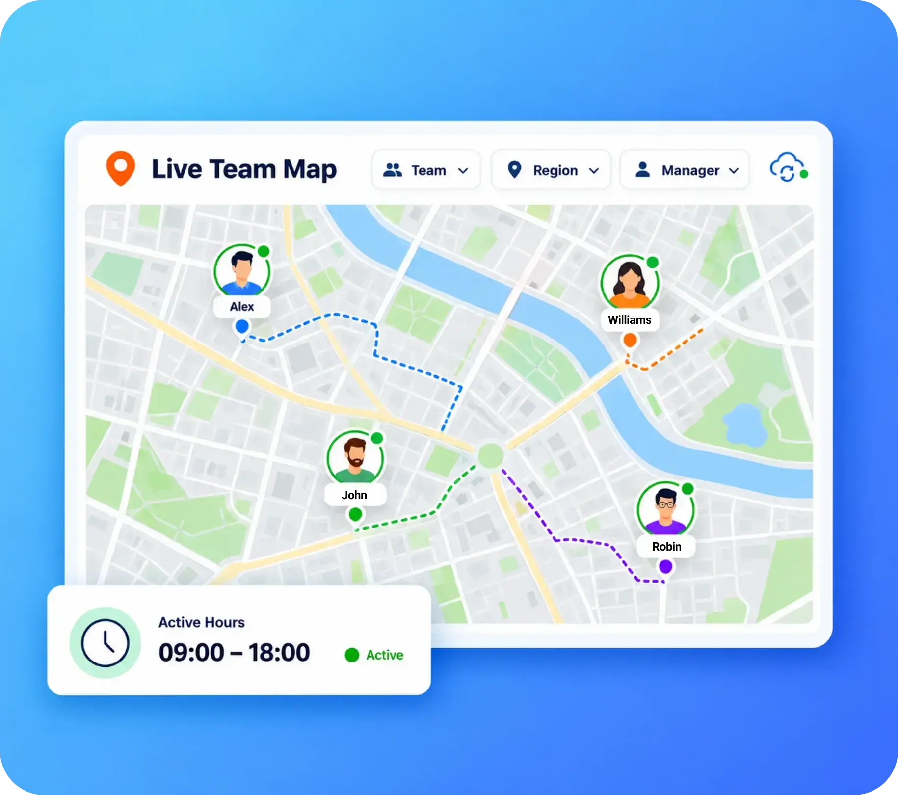 TrackOlap real-time GPS map showing field employees by team, region and manager
