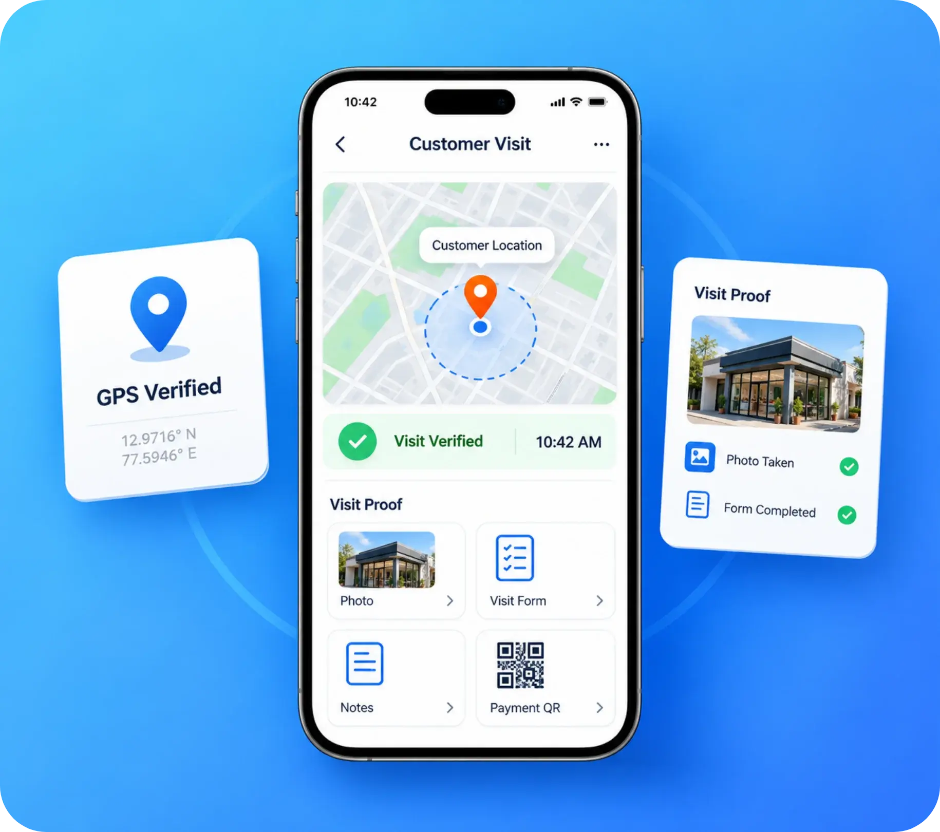 TrackOlap geo-tagged customer visit with digital forms, photo proof and on-site QR payment