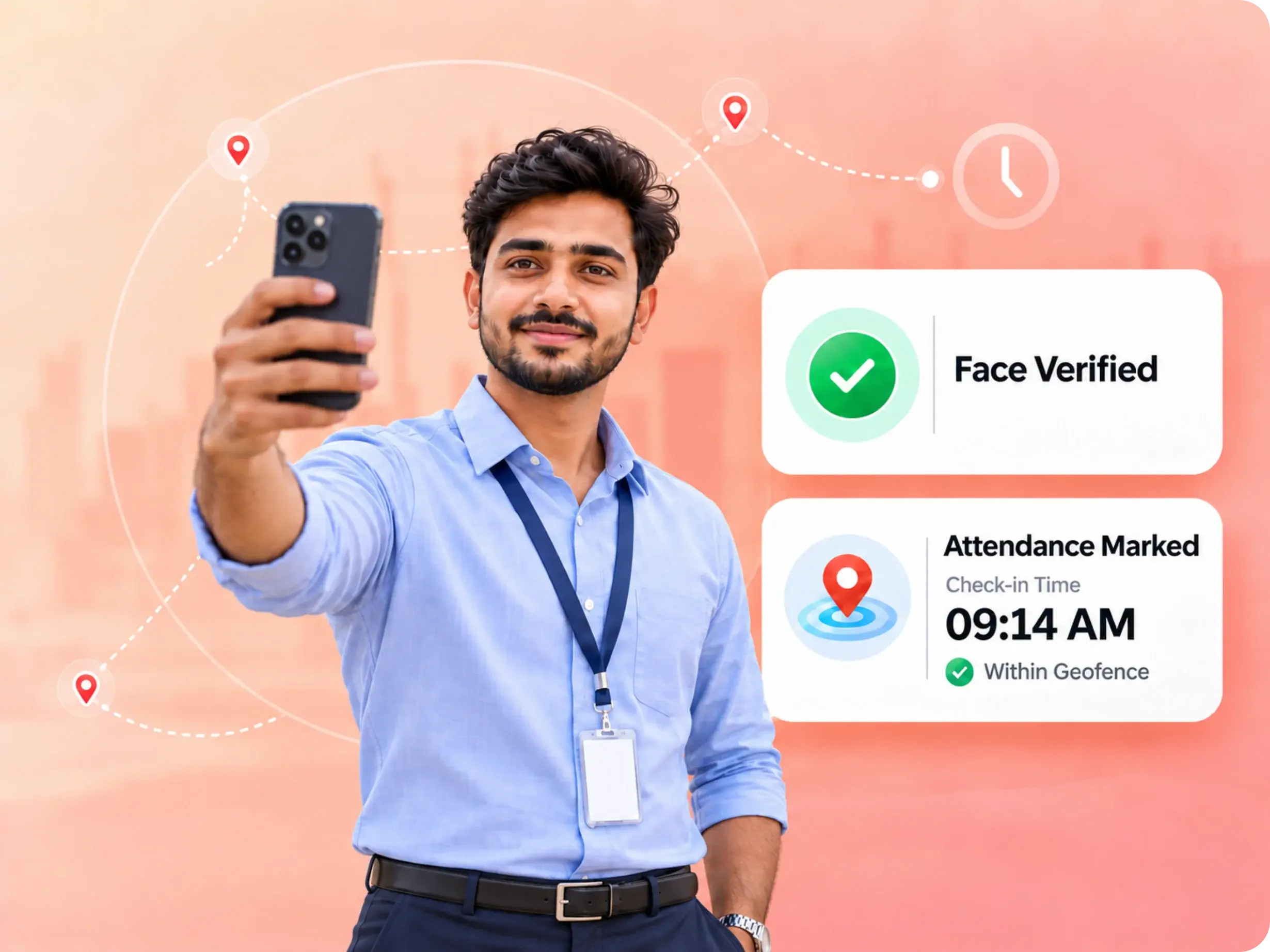 Field employee punch-in verified by AI face match, GPS and geofence before it counts