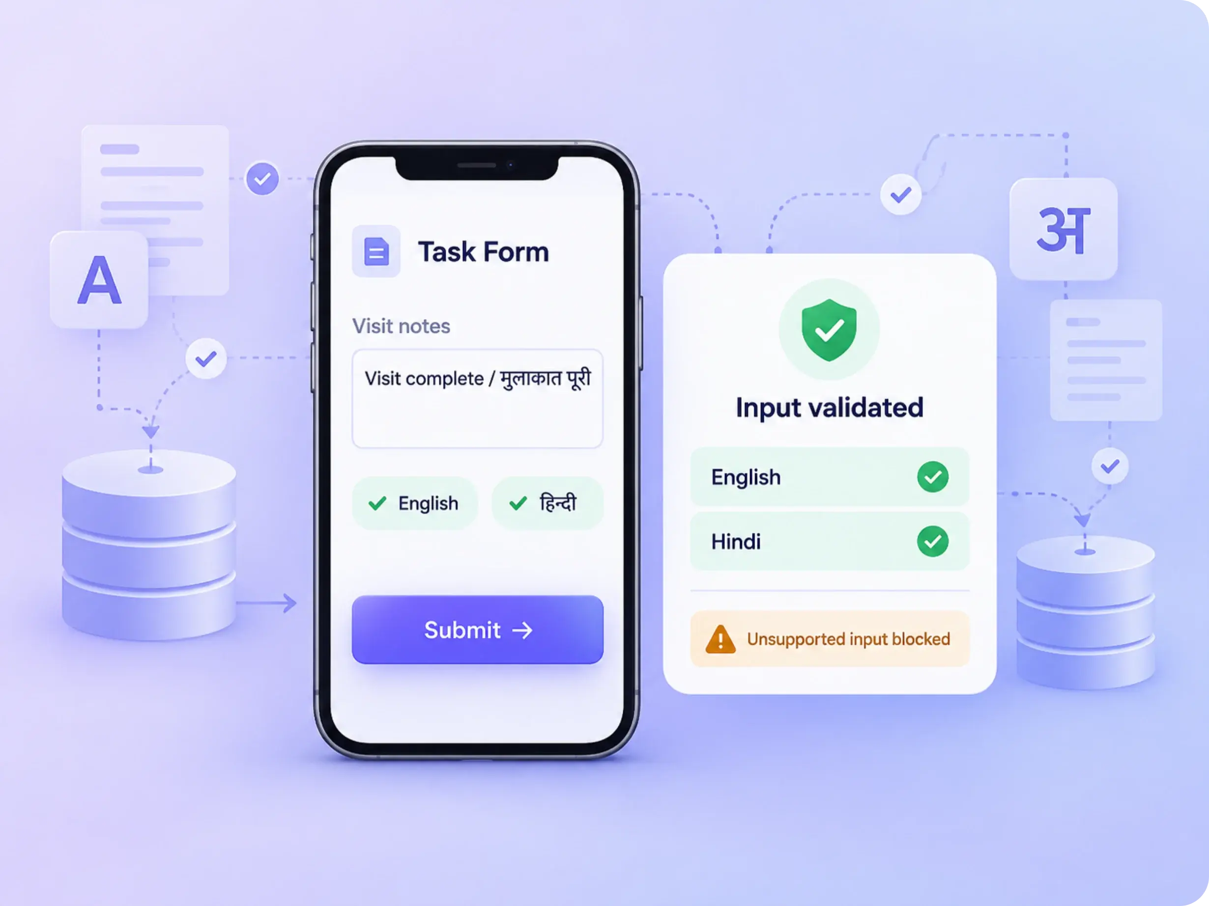 Task form validating English and Hindi input and blocking unsupported text at submission