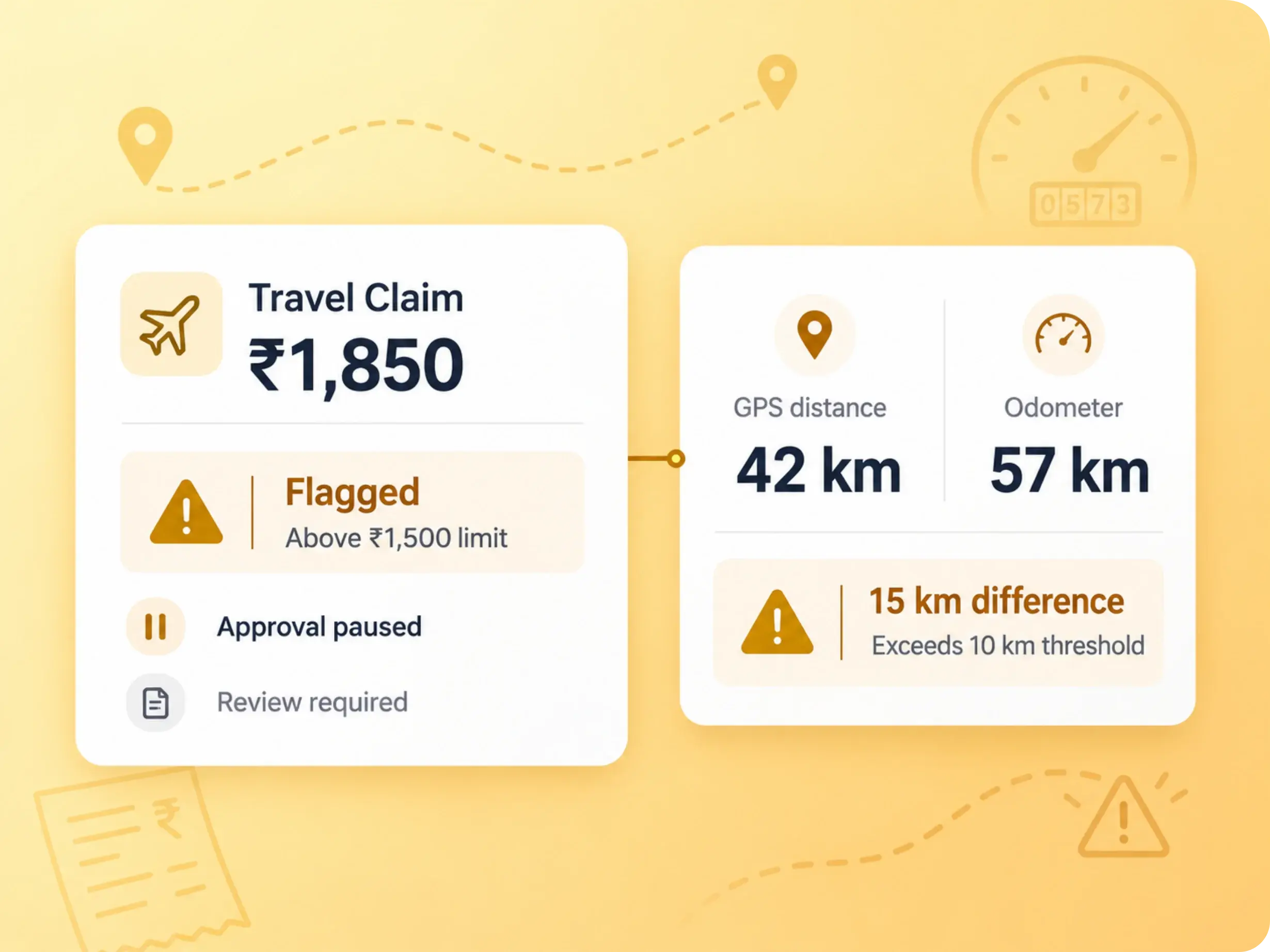 Travel claim flagged for exceeding its limit and for a GPS versus odometer distance gap