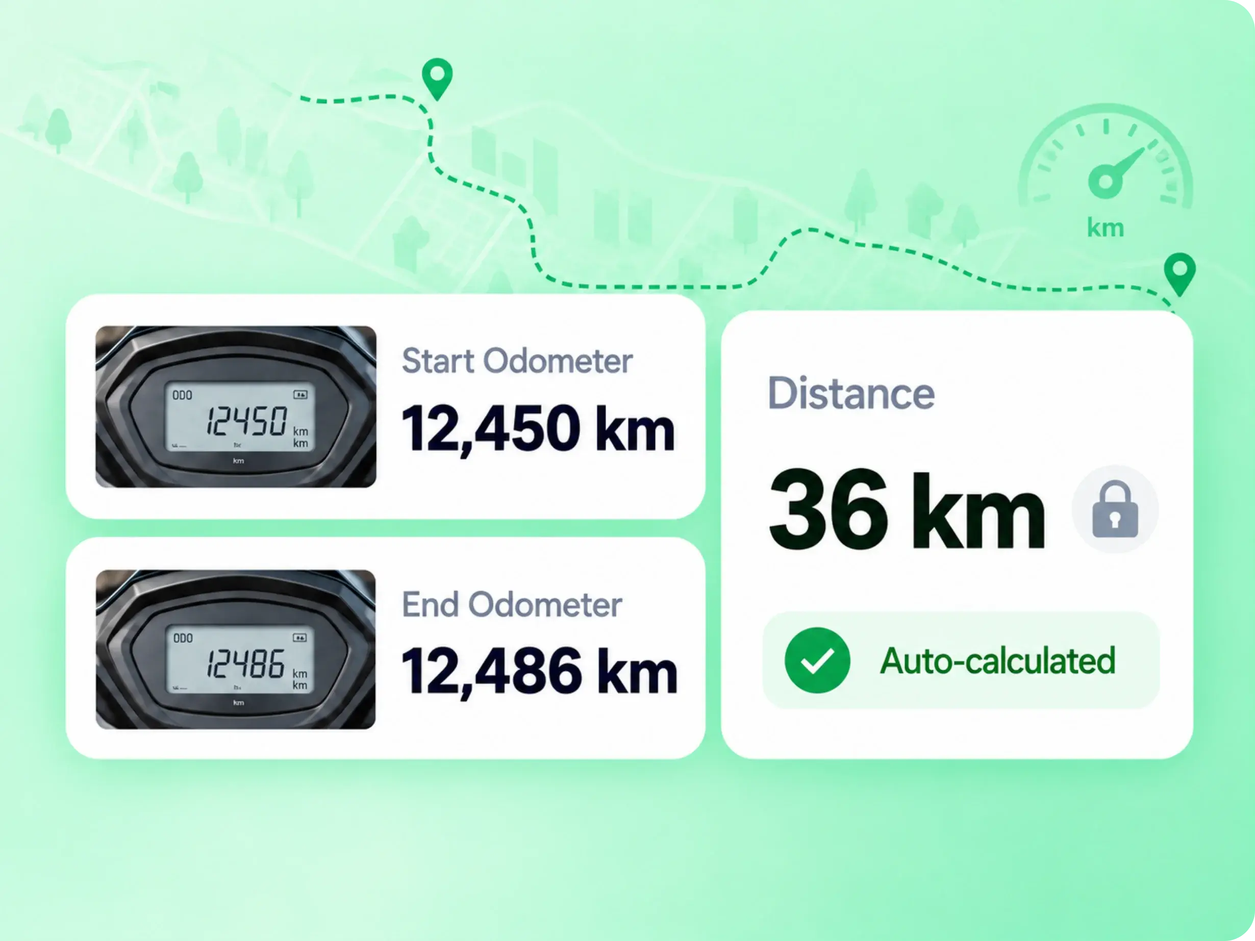 Odometer readings at punch-in and punch-out calculating claimed kilometres automatically