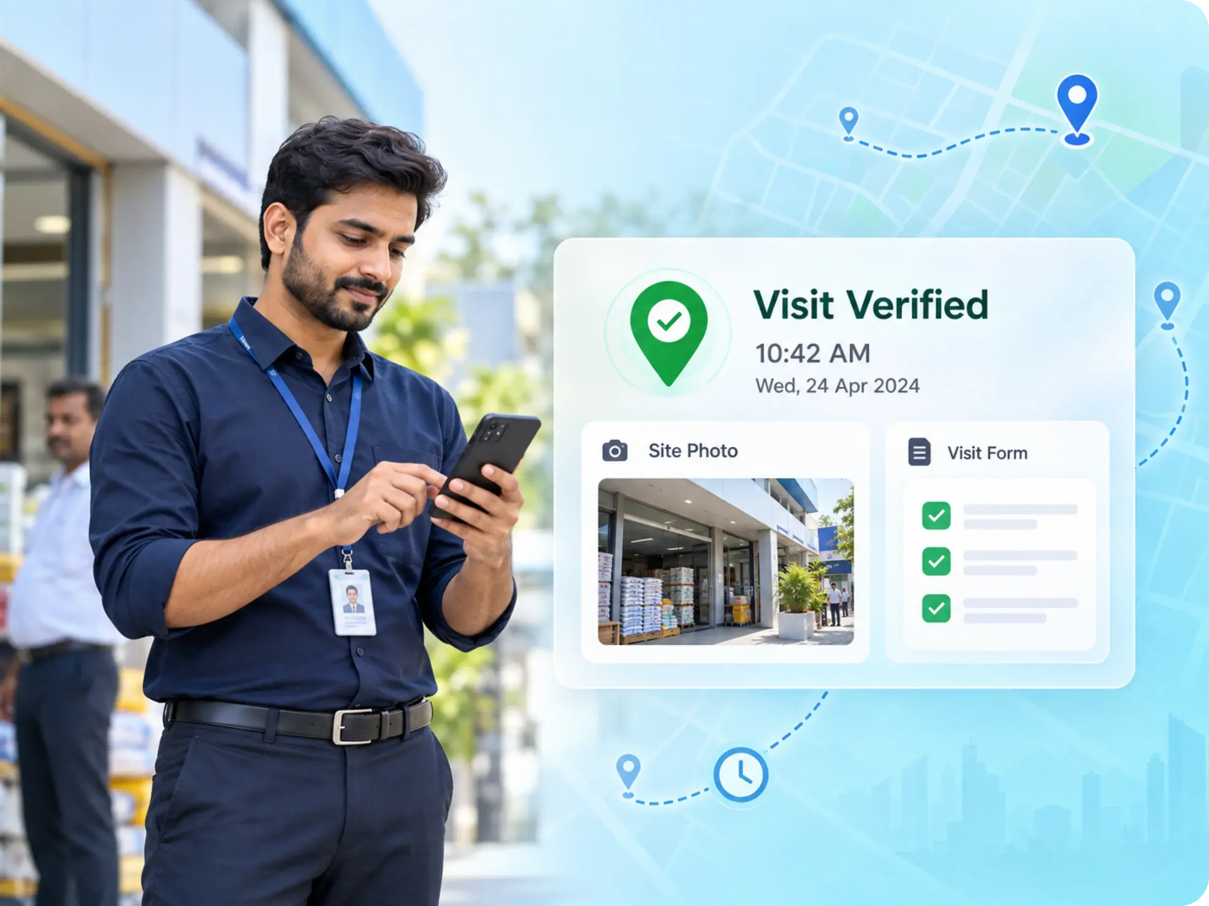 Geo-tagged, time-stamped customer visit with photo and form proof attached