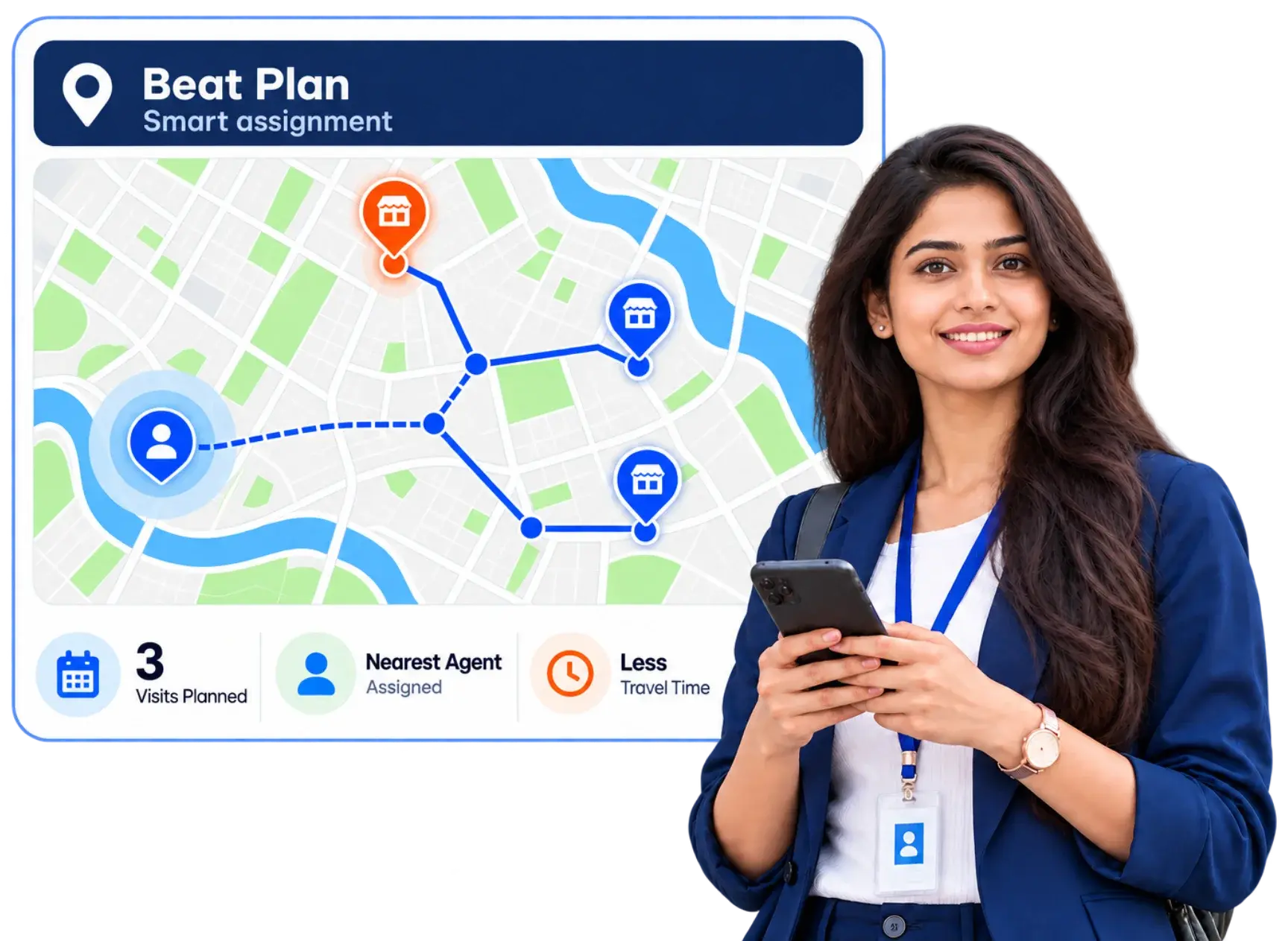 Beat plan assigning nearby visits to the nearest agent for less travel time