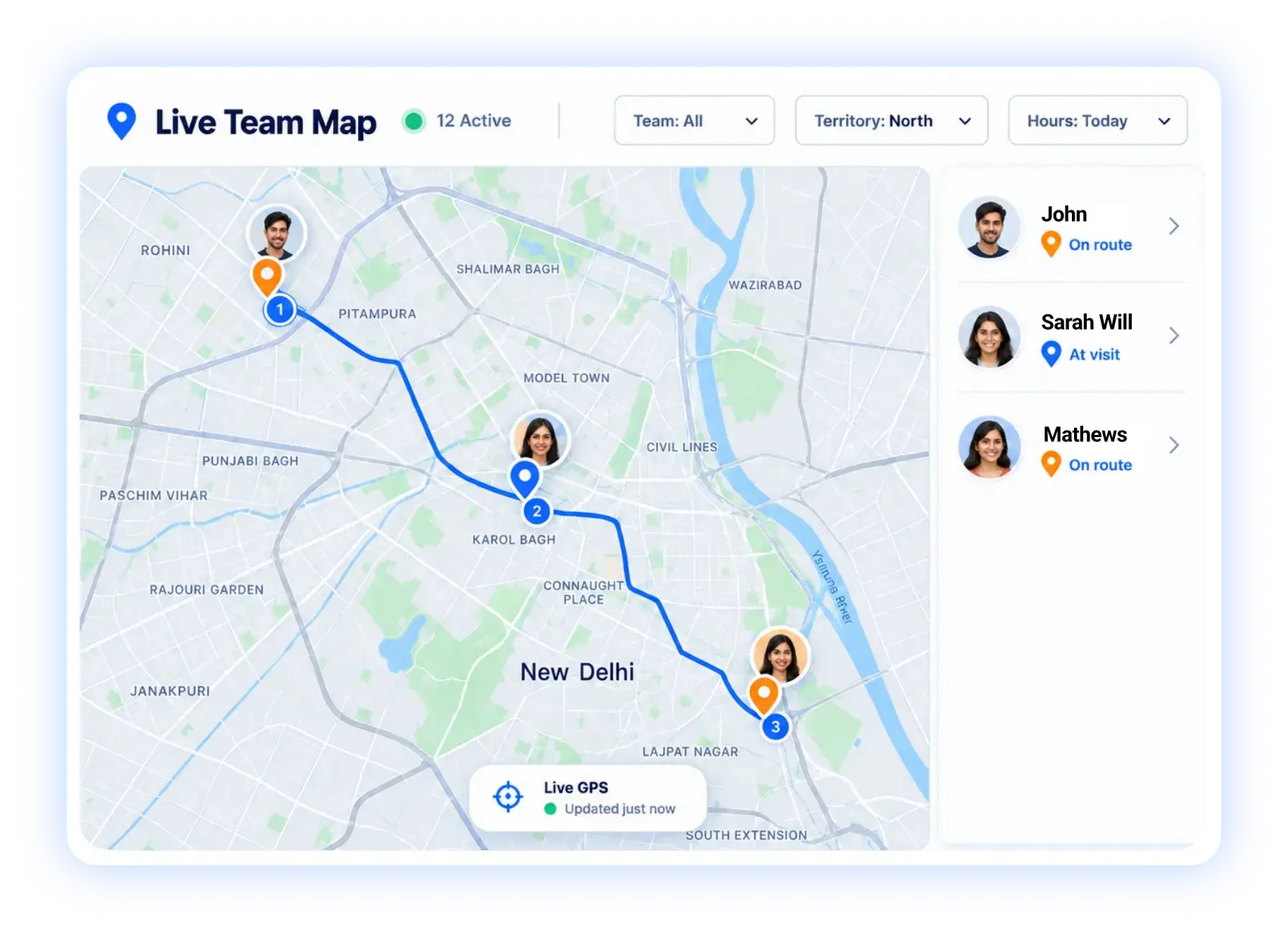Live team map showing active field employees, routes and status by team and territory