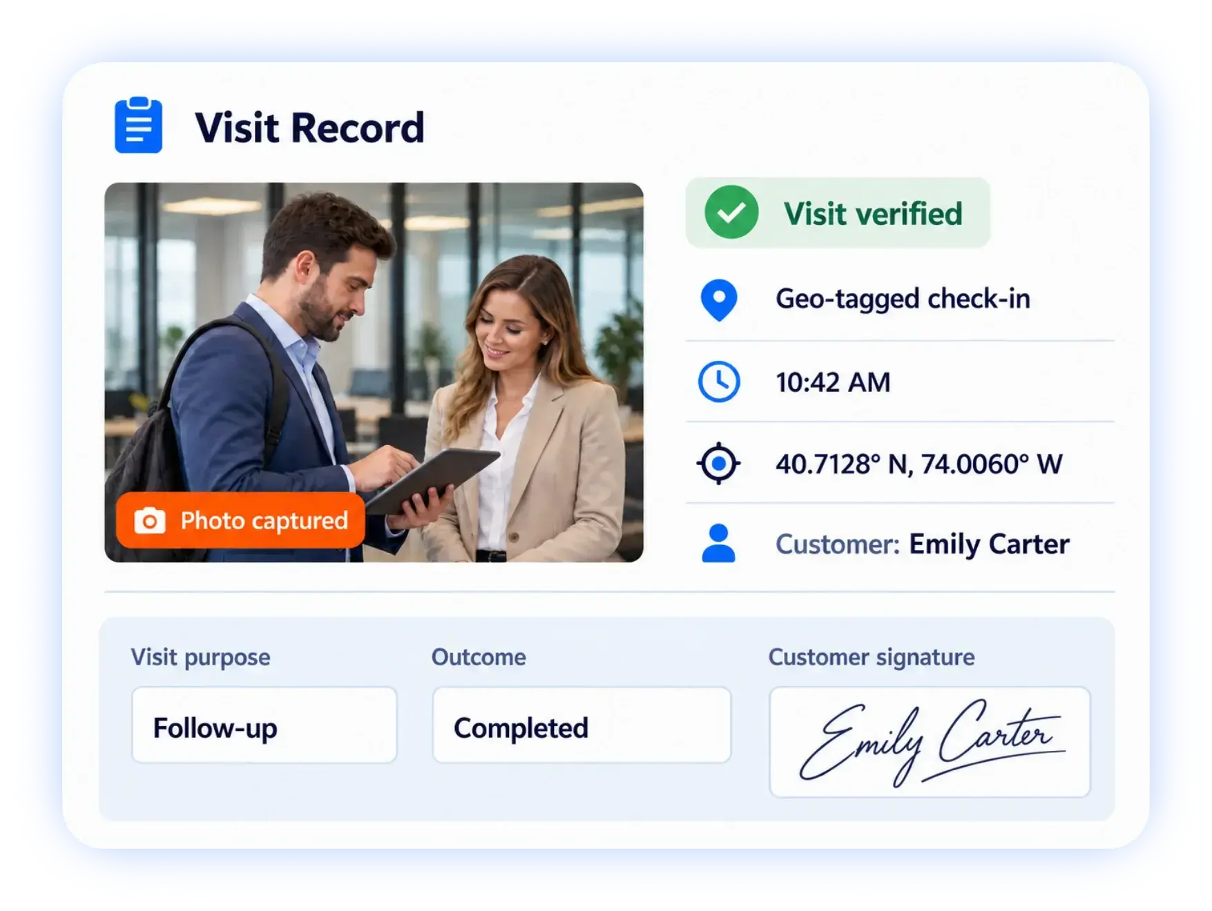 Verified visit record with photo, geo-tagged check-in, time, coordinates and customer signature
