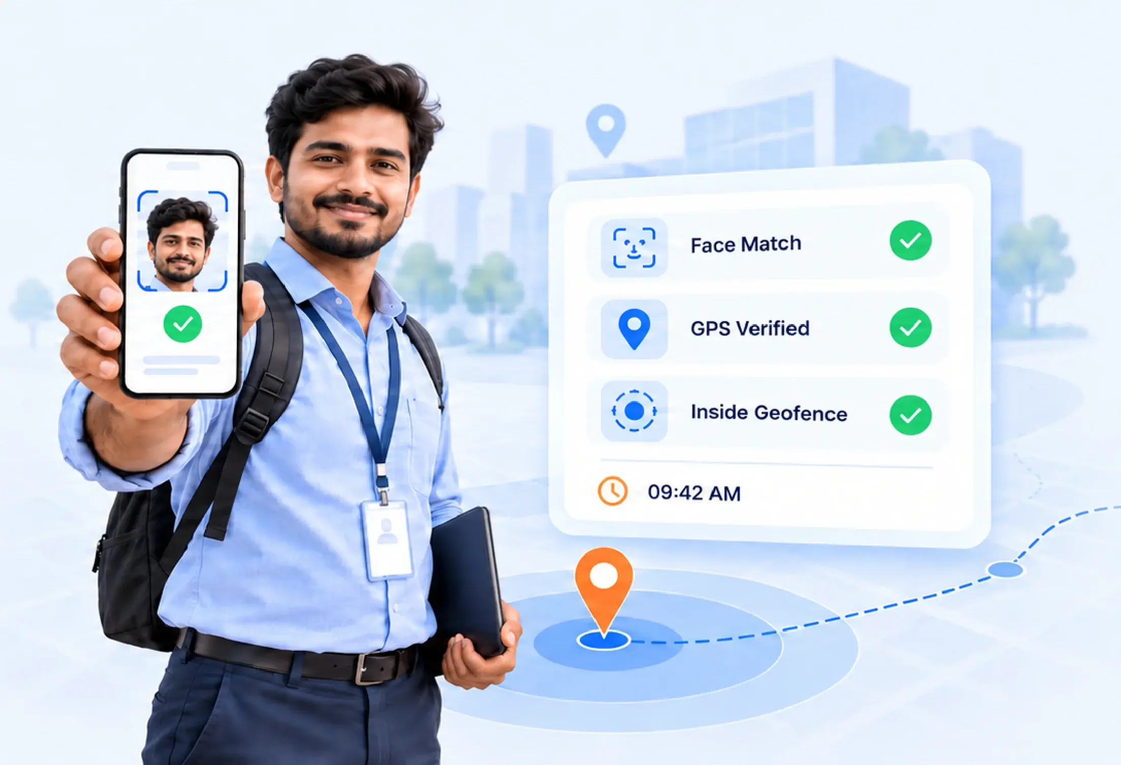 Field employee checking in with AI face match, GPS verification and geofence confirmation
