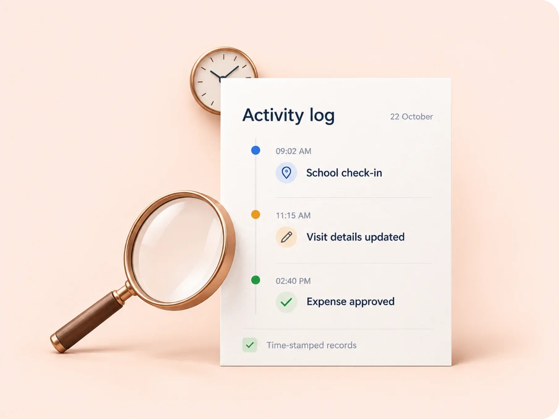 Time-stamped activity log of a school check-in, a visit update and an expense approval