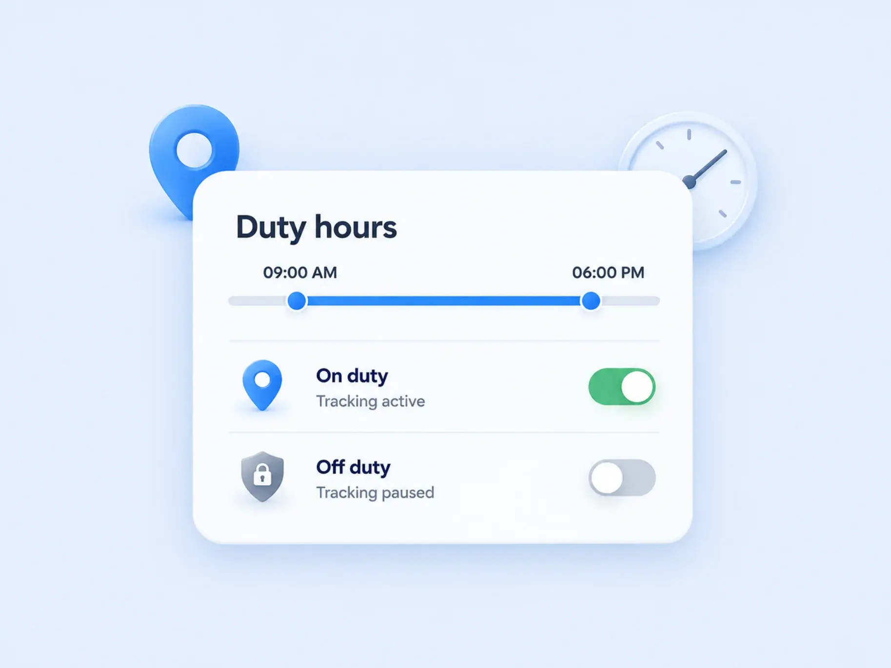 Duty hours from 9:00 AM to 6:00 PM, with tracking active on duty and paused off duty
