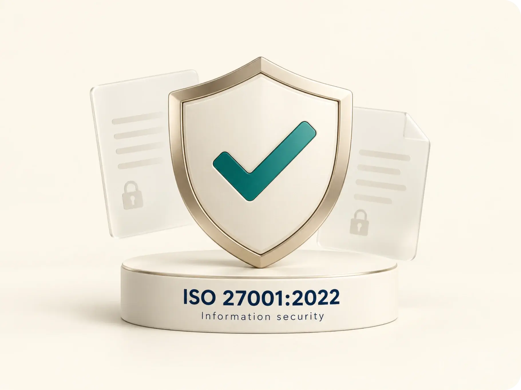Security shield on a base labelled ISO 27001:2022 information security